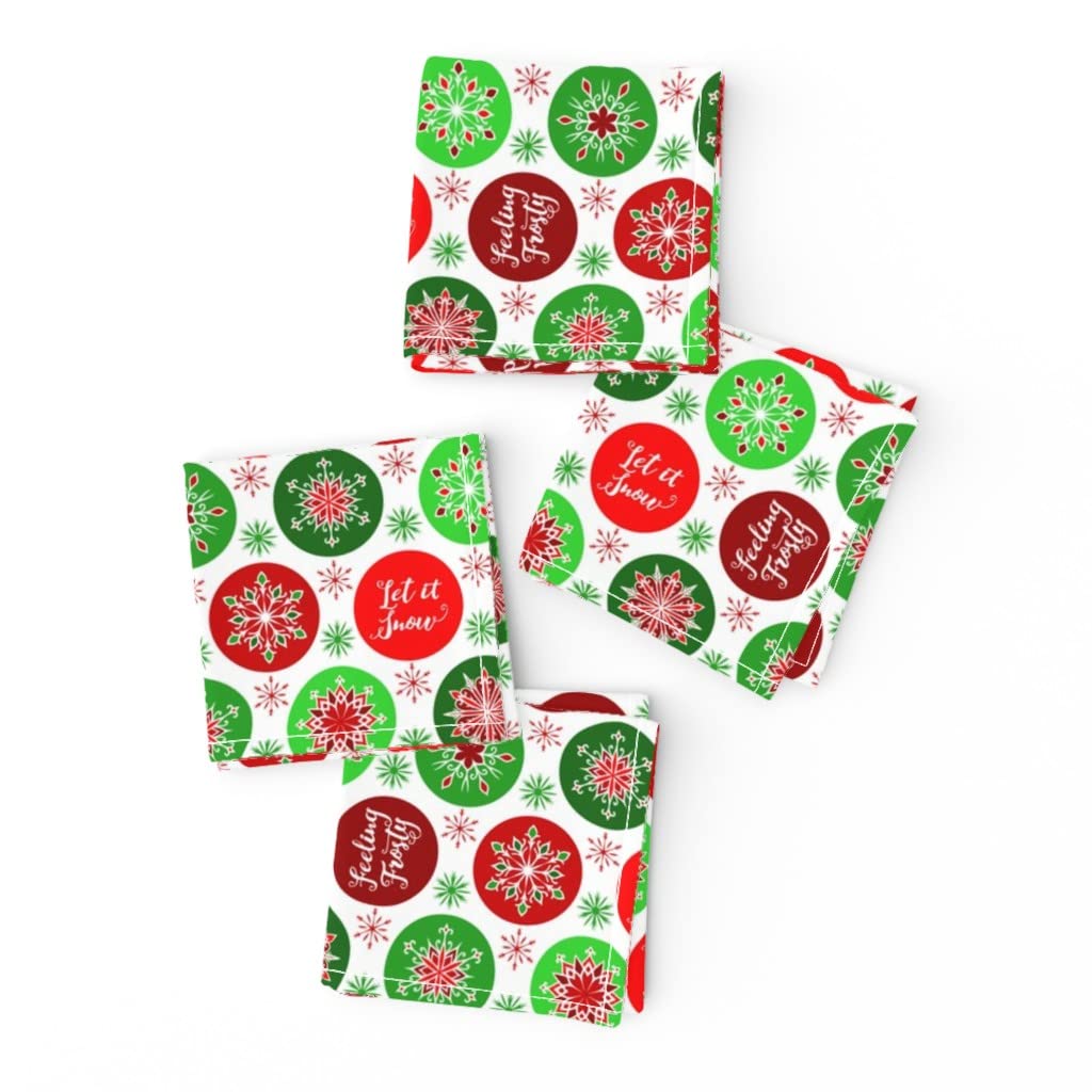 Snowflake Print Linen Cotton Cocktail Napkins (Set of 4) - White Red Green Winter Holiday Christmas Design for Parties, Dining & Home Decor