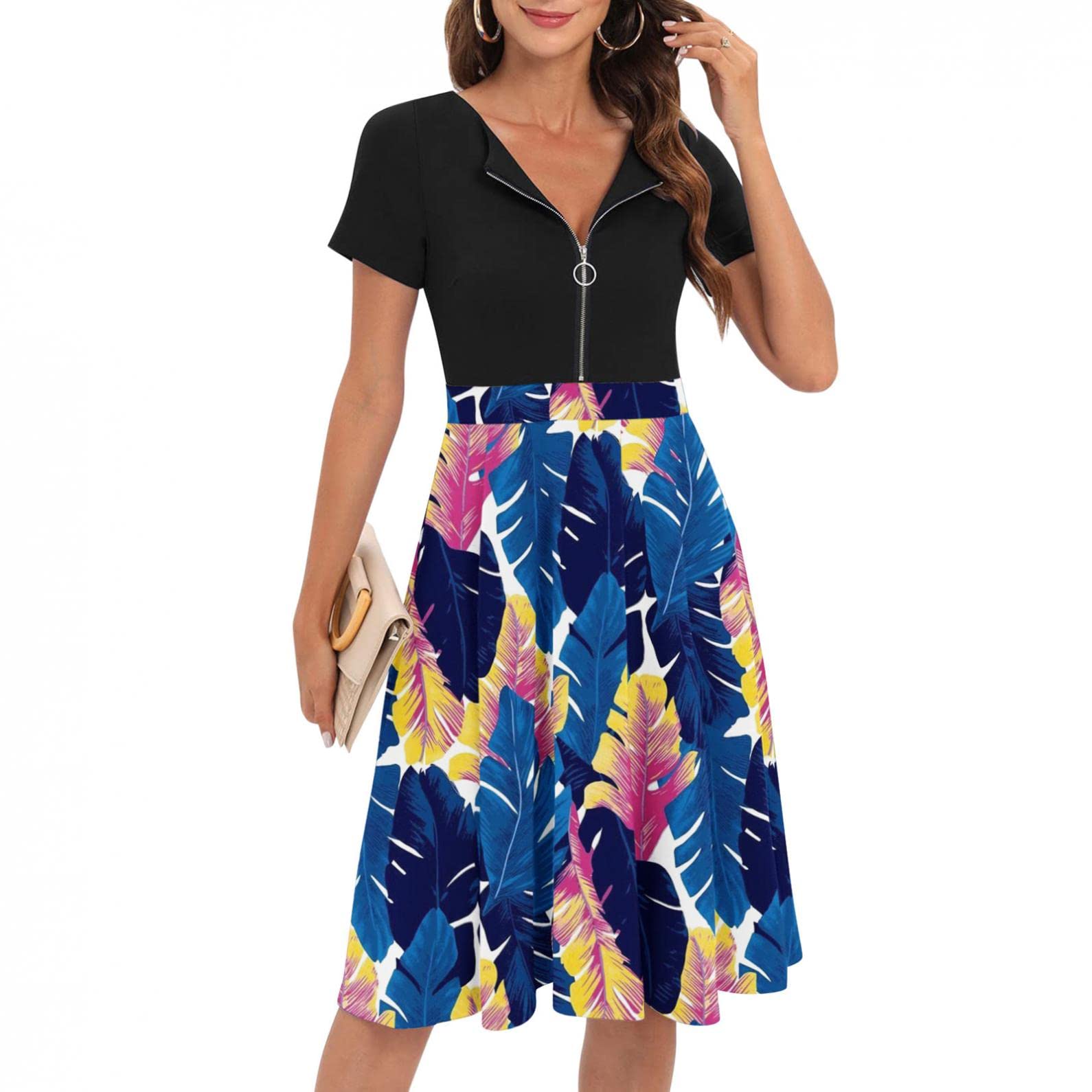 Women's Vintage Floral Print A-Line Swing Dress - Casual Summer Midi Dress with Zipper for Party, Beach & Everyday Wear