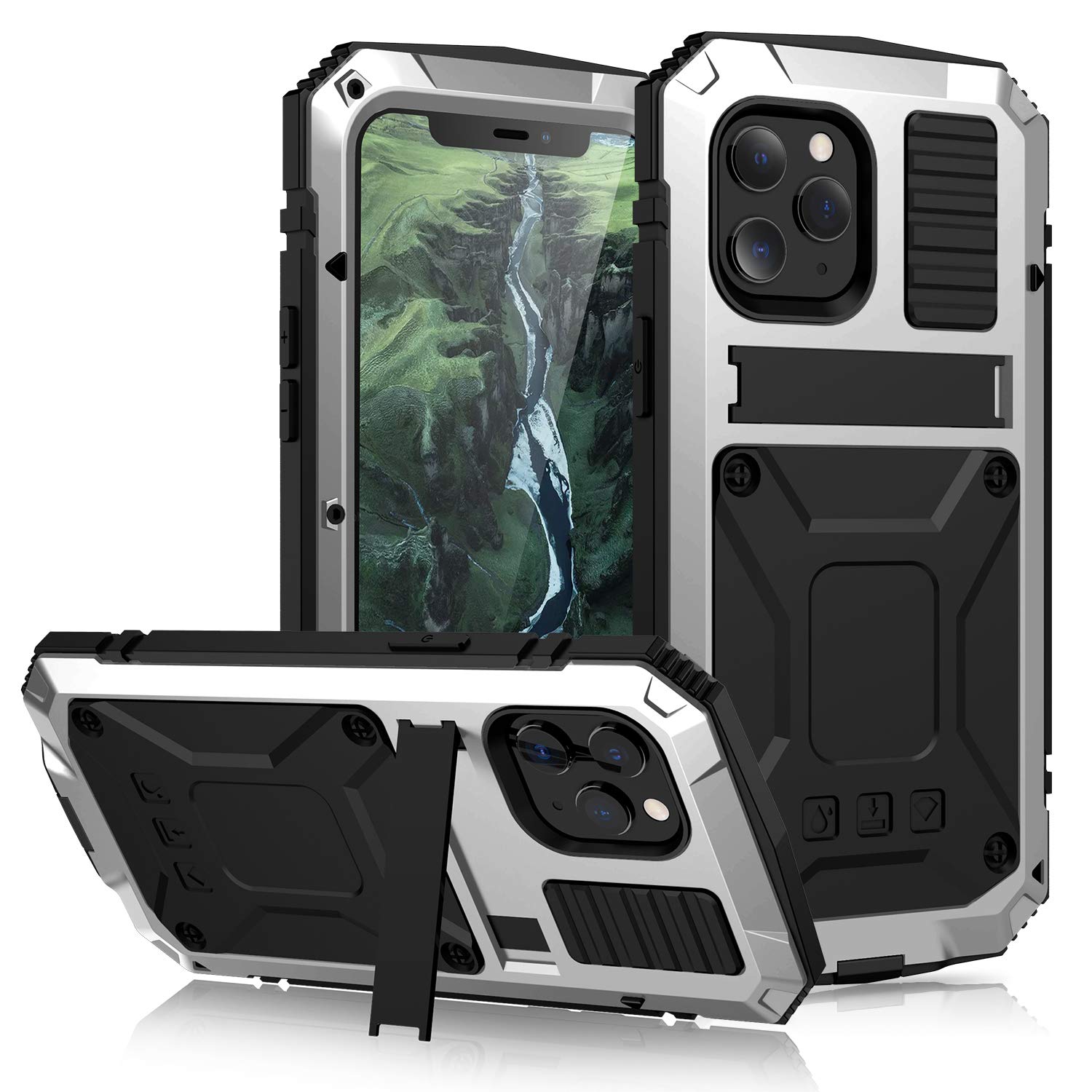 Heavy Duty Rugged Military Shockproof Dustproof Hybrid Metal + Silicone Case with Built-in Screen Protector & Stand for iPhone 12 Pro Max 6.7