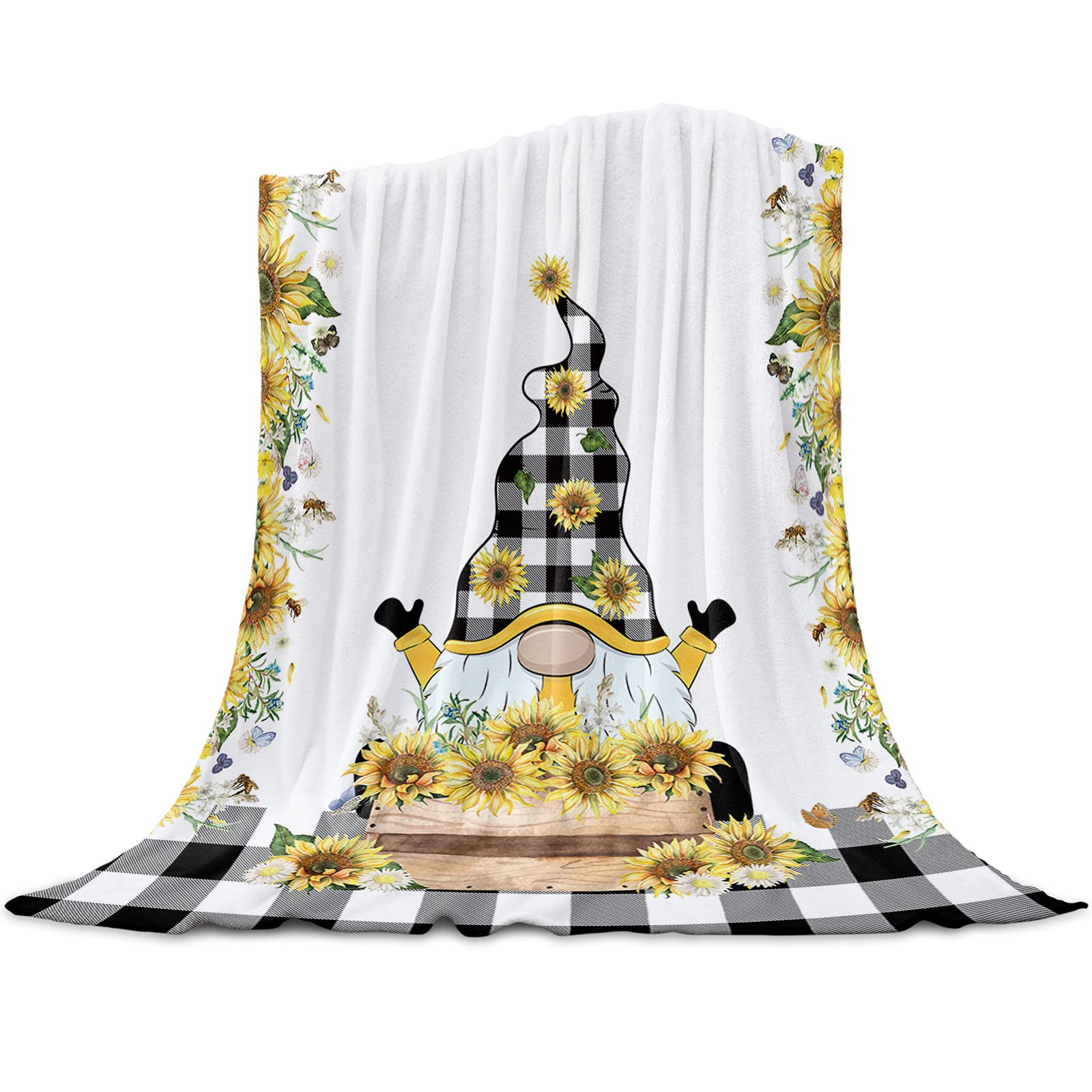 Sunflower Gnome Black White Plaid Thermal Blanket - 59