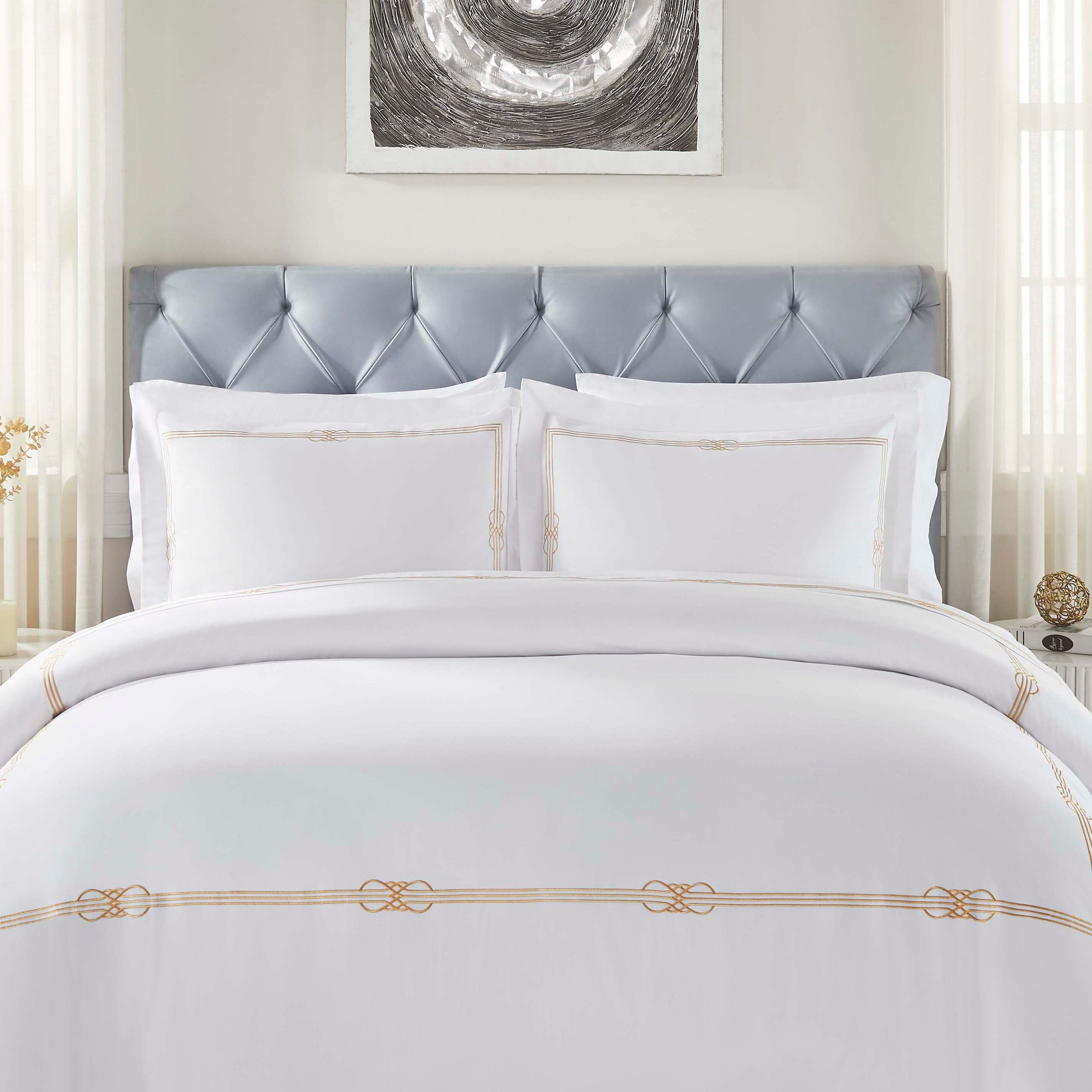 Moonlawn Cotton Gold Embroidered 3-Piece Duvet Cover Set - Queen Size Luxury Bedding for Master Bedroom & Guest Room
