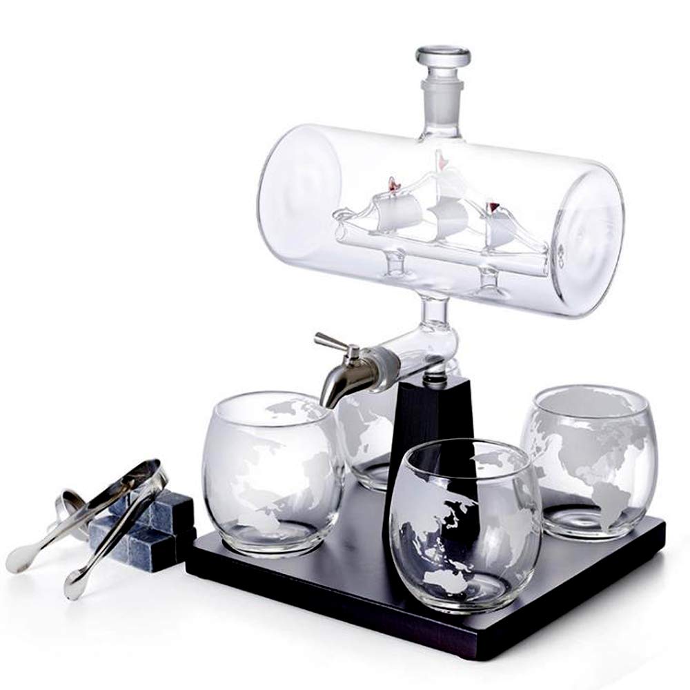 Premium YX Sailboat-Shaped Whiskey Decanter Set - 1000ml Glass Liquor Dispenser with Wooden Ship Design & 4 Crystal Glasses - Elegant Bourbon Scotch Decanter for Home Bar, Gifts & Nautical-Themed Parties