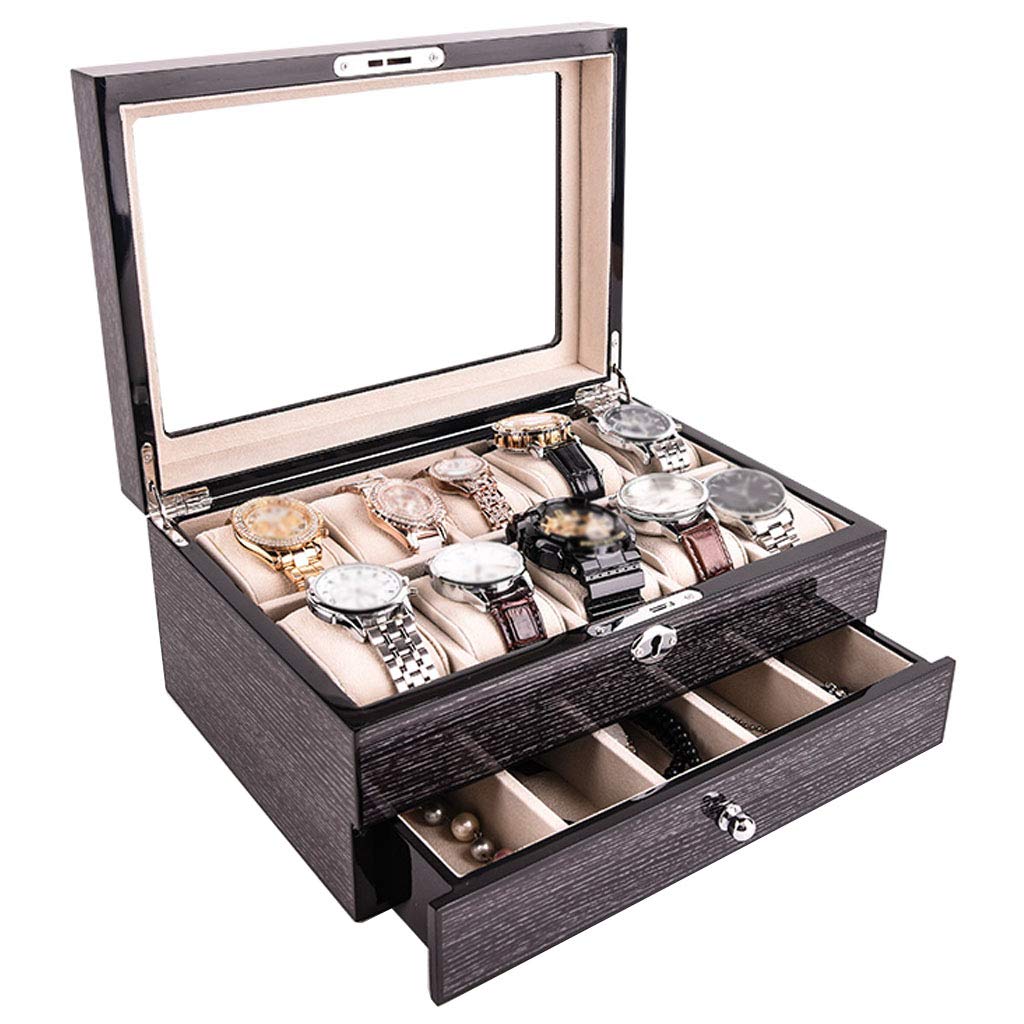 Premium HYEBOX Wooden Watch Box Organizer with Valet Drawer - 12 Slot Large Watch Display Case, Multi-Function Jewelry Storage Box with Lock - Perfect for Watch Collectors & Jewelry Organization at Home/Office