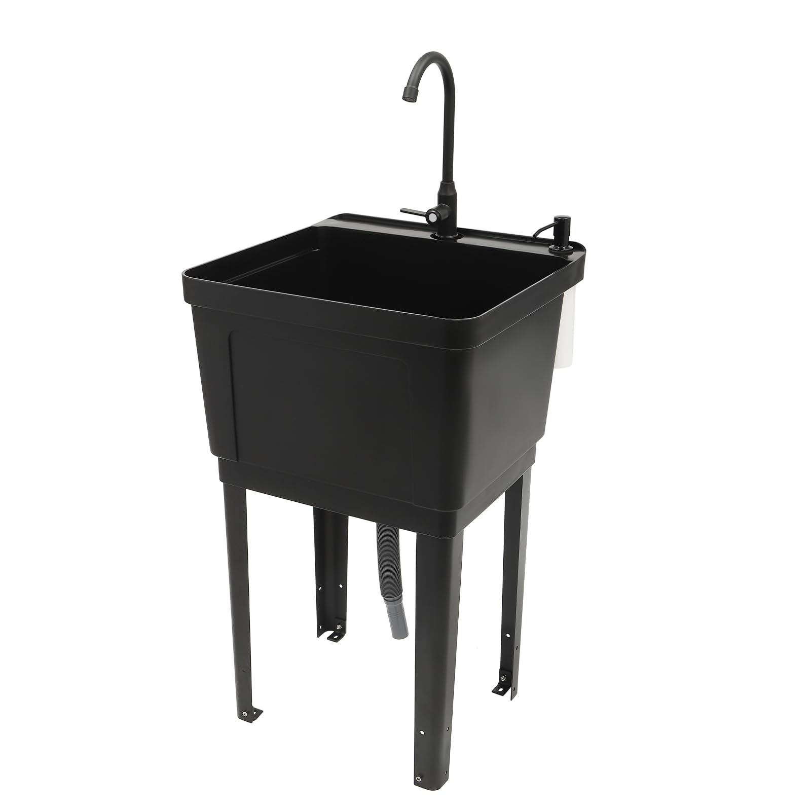 Heavy Duty Utility Sink Laundry Tub - Freestanding Wash Station with Rotatable Faucet & Soap Dispenser | Durable Plastic Slop Sink for Basement, Garage, Workshop | Ideal for Laundry, Cleaning Tools, Pet Washing & DIY Projects (Black)