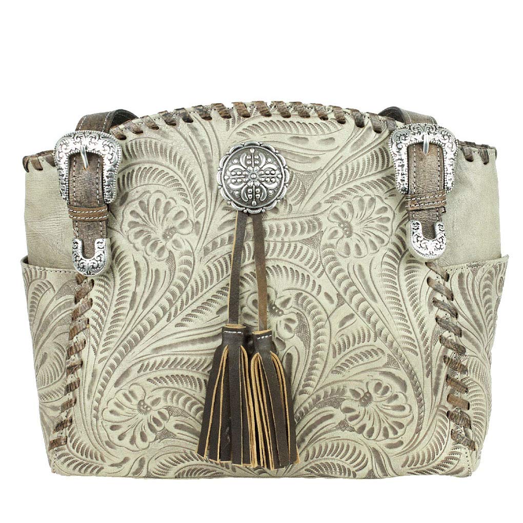 American West Leather Multi-Compartment Tote Bag with Purse Holder - Sand Color Bolo Concho Design for Women | Perfect for Work, Travel & Everyday Use