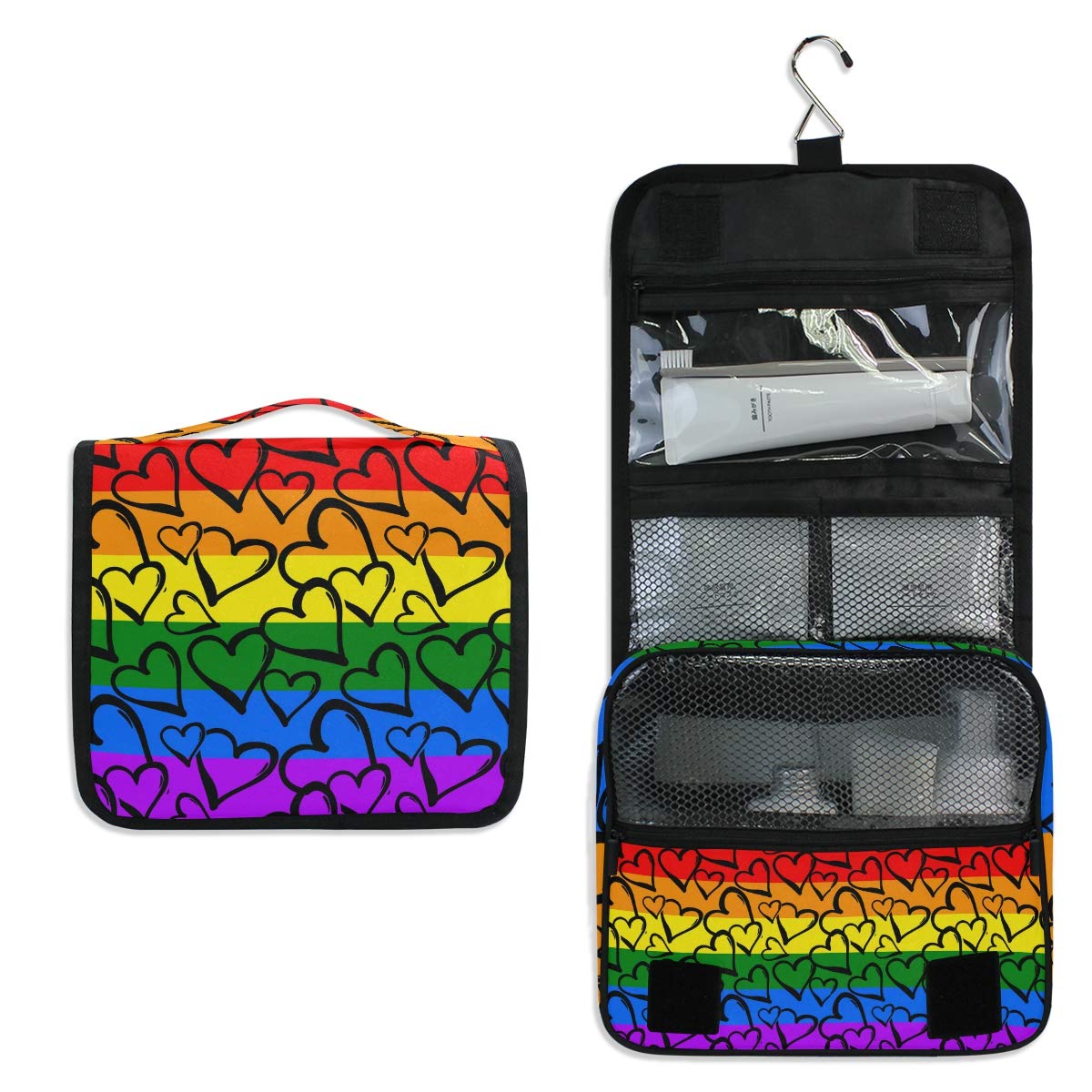 AGONA Hanging Toiletry Bag - Waterproof Travel Cosmetic Organizer with Sturdy Hook, Rainbow Pride Design & Heart Patterns - Perfect for Women, Men & Teens - Ideal for Travel, Gym, Camping & Bathroom Storage
