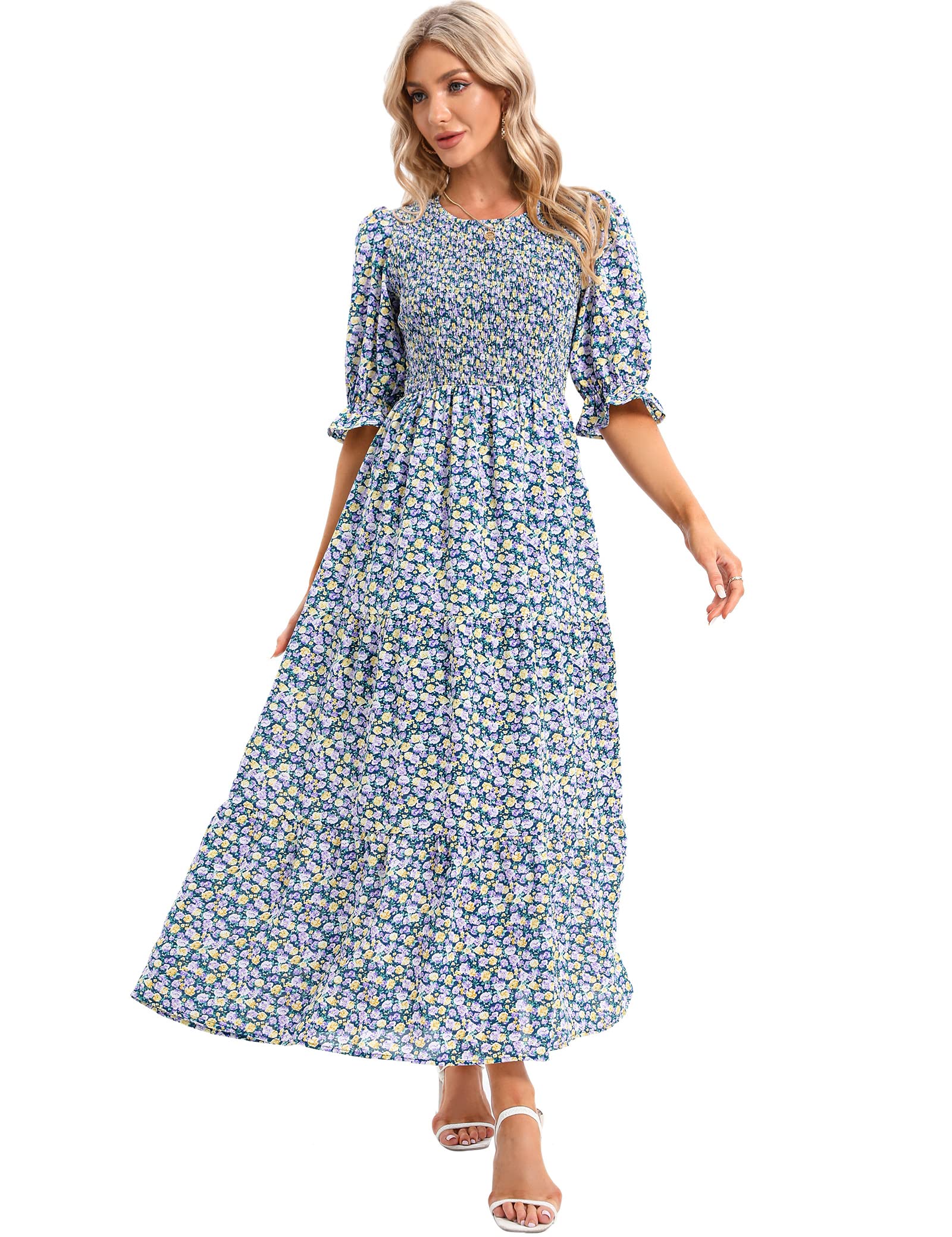 SHUQI Women's Floral Maxi Dress - Summer Casual Long Dress with Empire Waist & Ruffle Sleeves | Perfect for Beach Vacations, Date Nights & Outdoor Parties