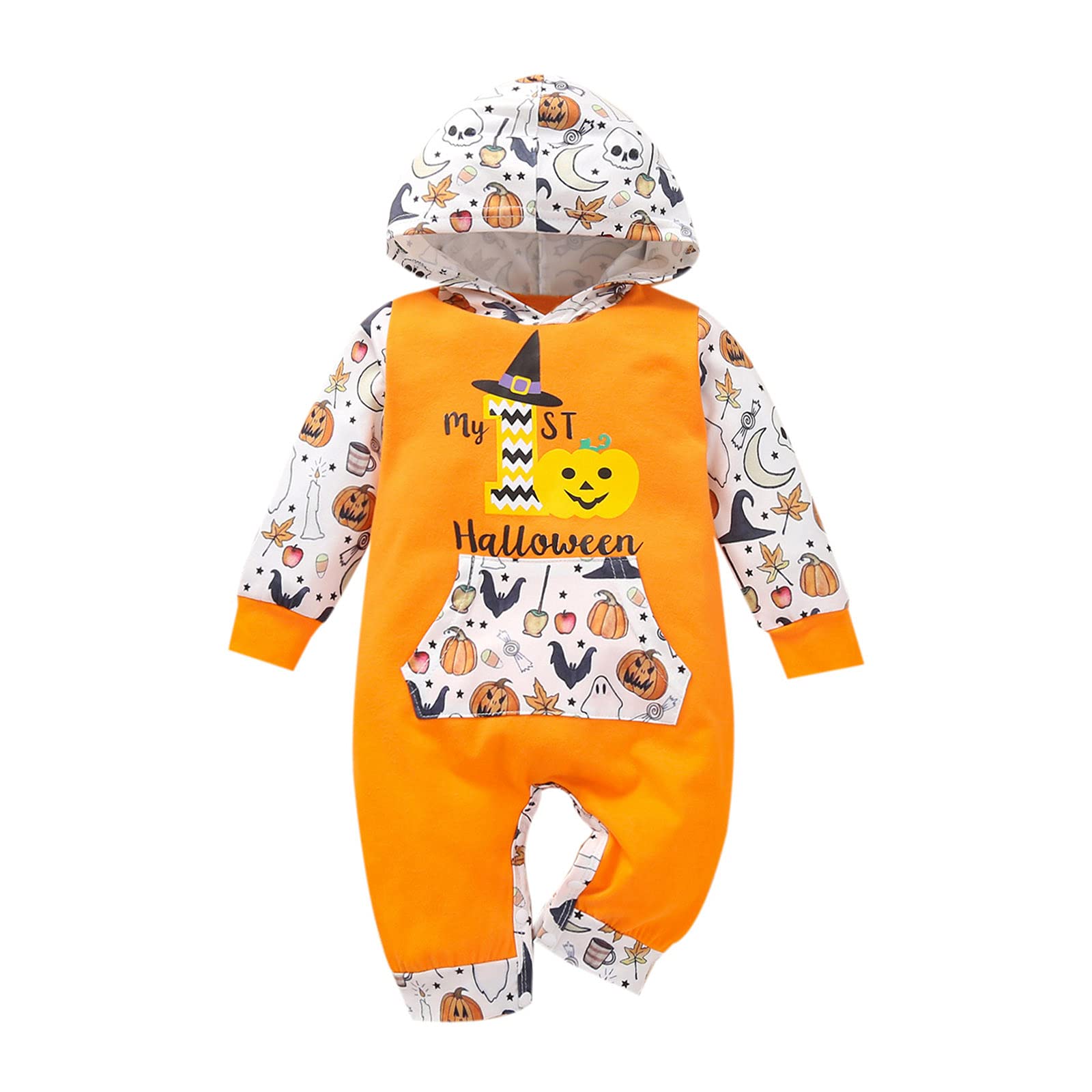 Halloween Pumpkin Letter Printed Hoodie Romper Jumpsuit for Baby Boys & Girls - Newborn Infant Outfit for Trick-or-Treating & Fall Photo Shoots