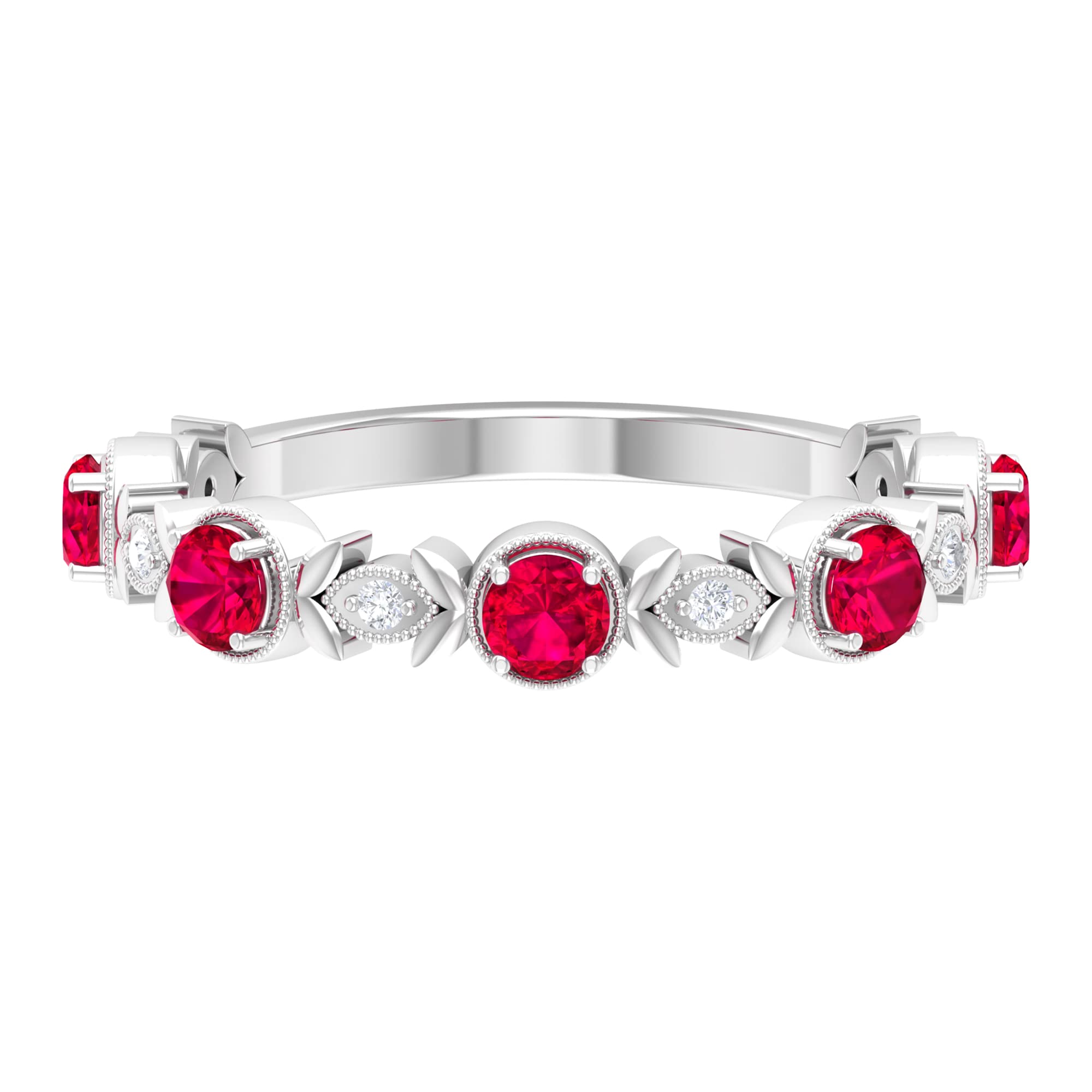 3/4 CT Ruby and Diamond Ring - 14K Solid Gold Floral Inspired Beaded Half Eternity Band | Elegant Wedding, Anniversary, or Valentine's Day Gift for Her