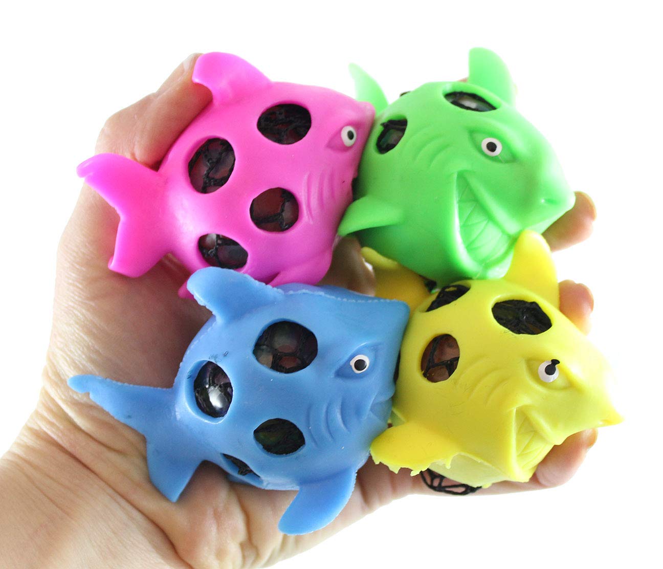 Set of 4 Shark Squishy Water Bead Stress Balls - Mesh Fidget Toys for Anxiety Relief & Sensory Play - Fun Squishy Stress Relief Balls for Kids & Adults - Perfect for Classroom, Office & Travel