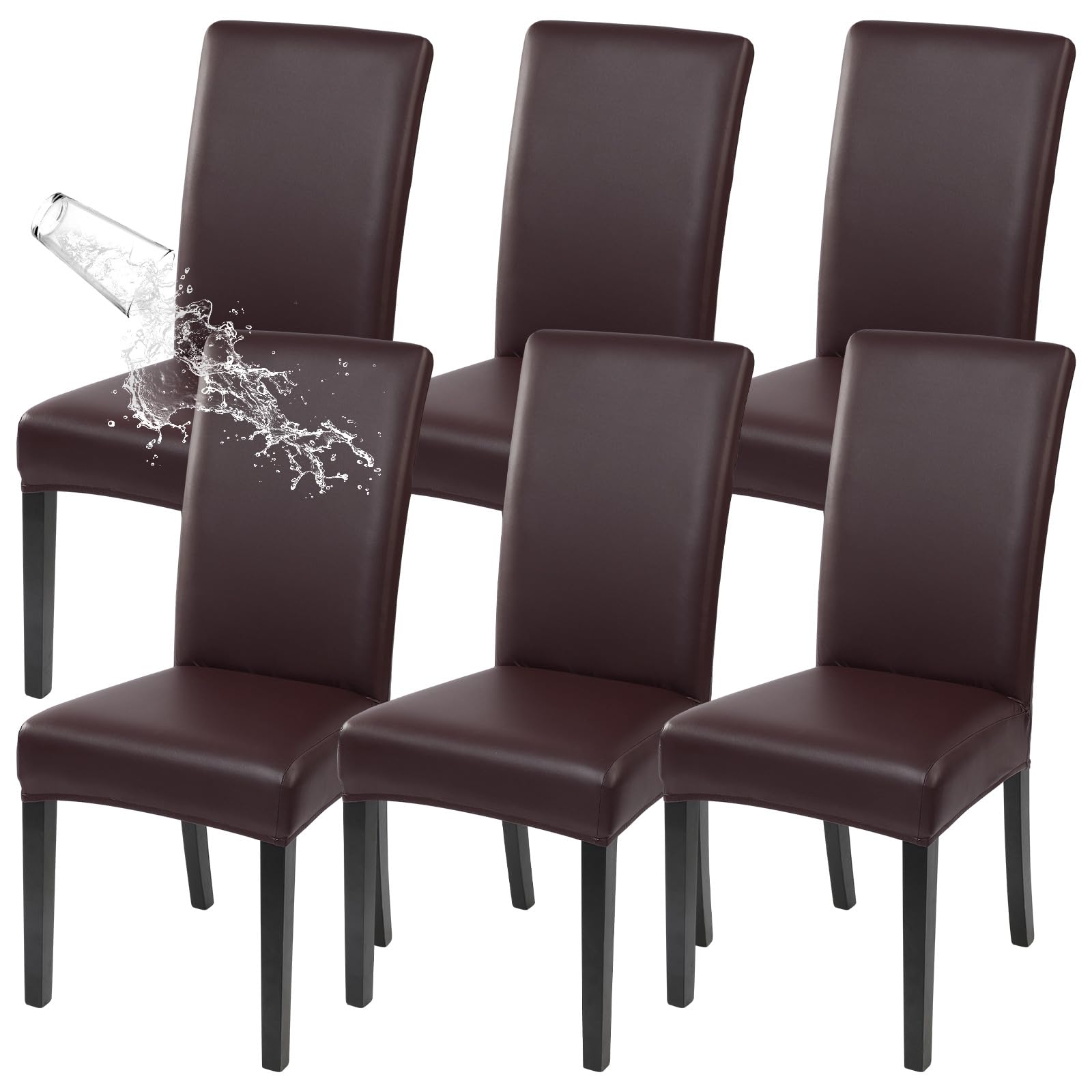 Waterproof PU Leather Dining Chair Covers Set of 6 - Stretch Oil-Resistant Parsons Chair Slipcovers, Washable Kitchen Chair Protectors for Dining Room (Brown) | Perfect for Home, Restaurant, and Office Use