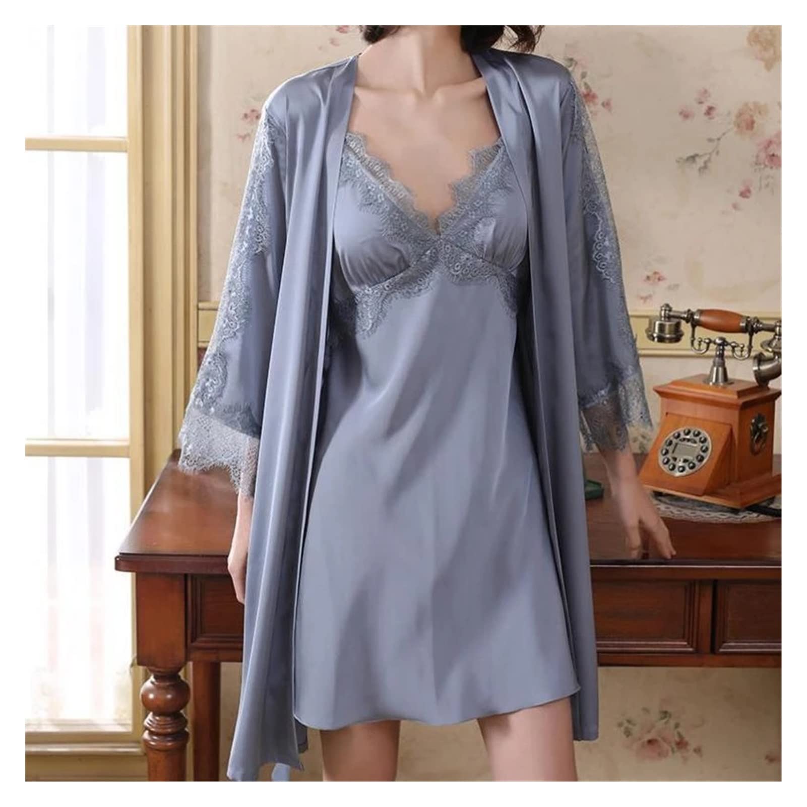 ZYKHD Women's Satin & Lace Kimono Robe Set - Sexy Lingerie Nightgown, Lounge Wear Sleepwear with Matching Gown - Perfect for Spa, Bridal Shower, Honeymoon & Boudoir (Color: Black, Size: XL)