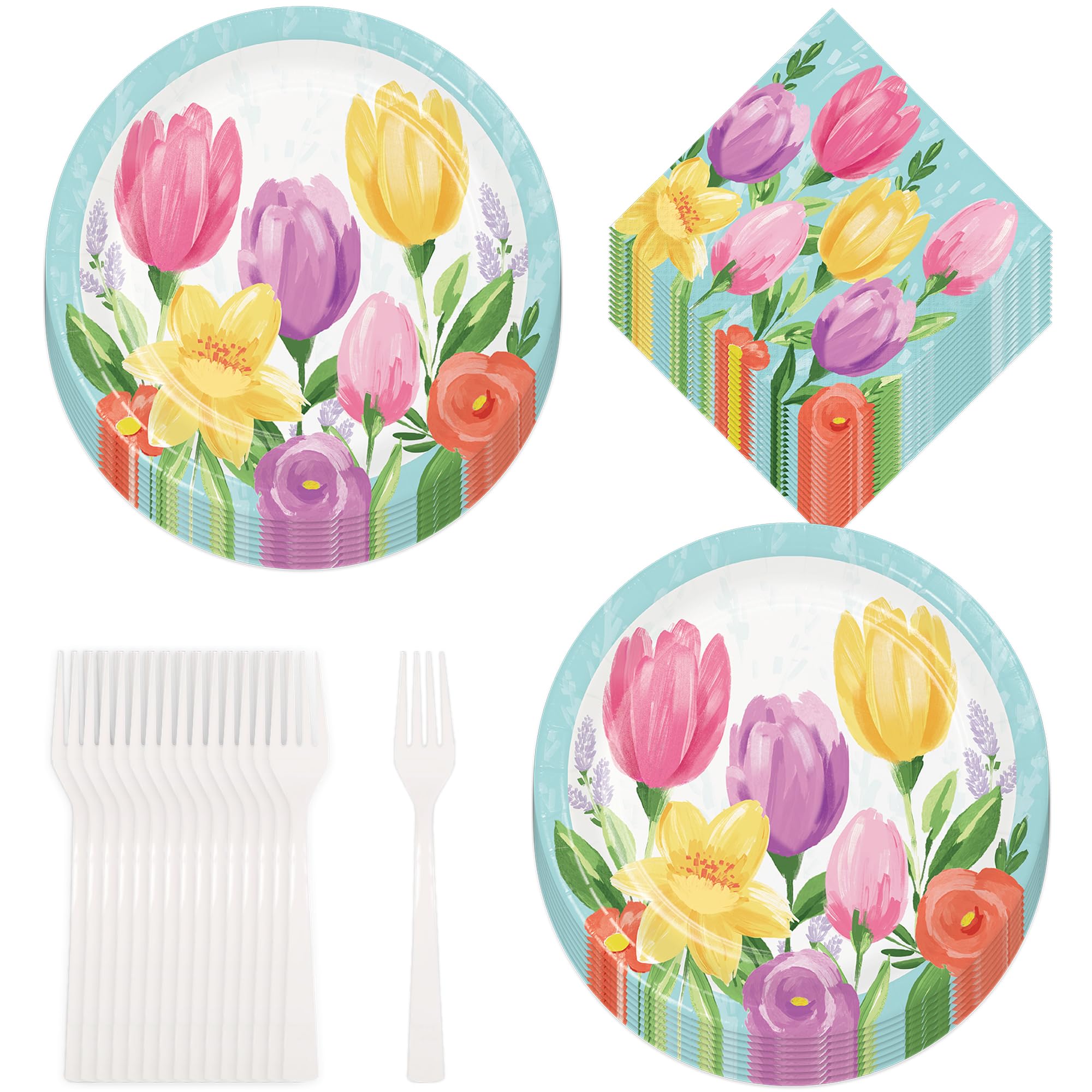 Pastel Blue Spring Tulip Floral Paper Dinner Plates Set - 16 Pieces with Matching Napkins & Forks for Easter Brunch, Baby Shower, and Garden Party Decorations
