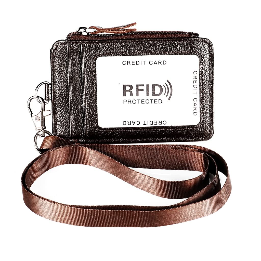 Premium Leather Credit Card Holder - RFID Blocking ID Badge Wallet with Zipper Coin Pocket for Men & Women (12 x 8cm) - Perfect for Office, Travel & Everyday Use (Color: Brown)