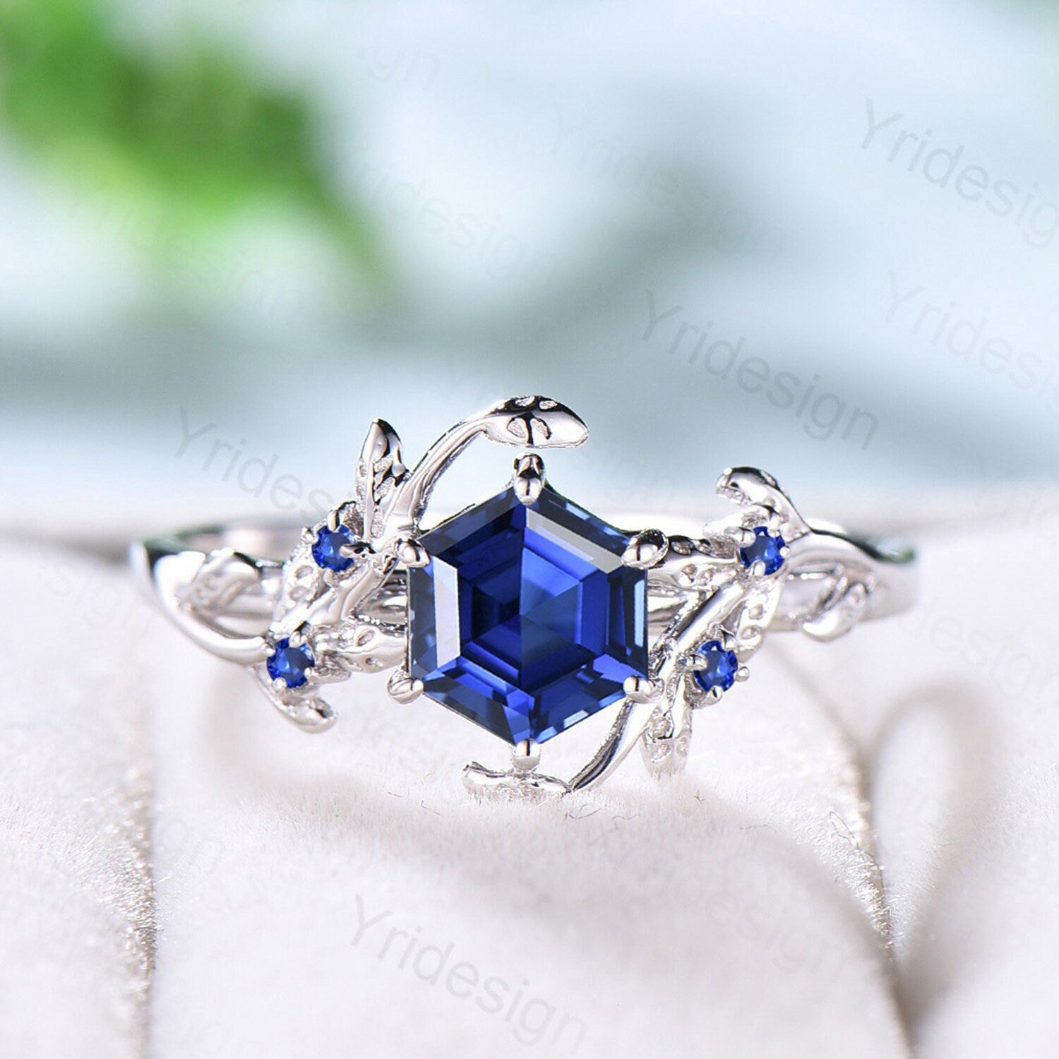 Elegant Hexagon Cut Blue Sapphire Ring in White Gold - Vintage Unique September Birthstone Engagement & Wedding Ring for Women | Perfect for Proposals, Anniversaries, and Special Occasions