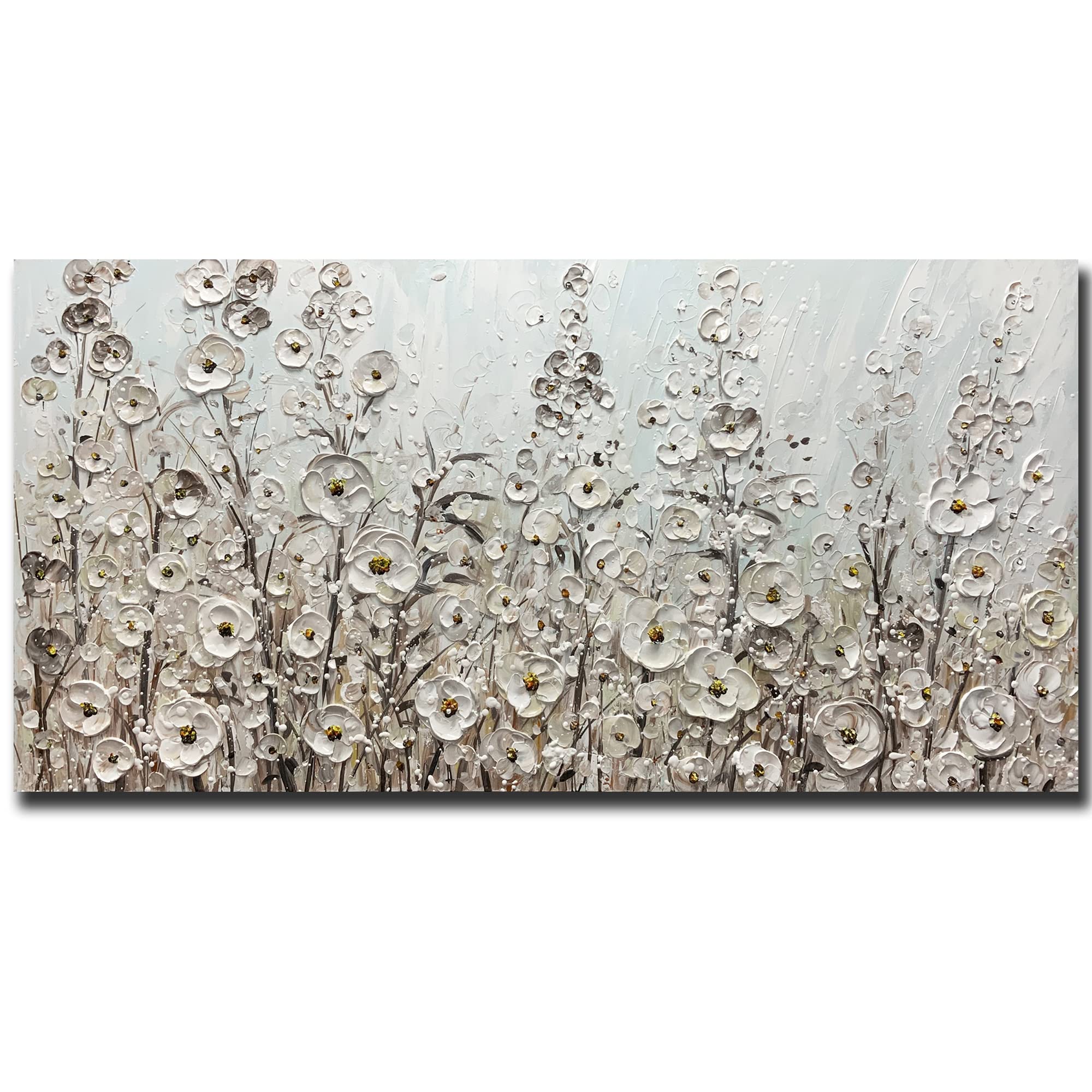Yotree 24x48 Inch Hand-Painted White Flowers Oil Painting on Canvas - Framed Modern Floral Wall Art for Living Room & Bedroom Decor - Ready to Hang Gallery Wrapped Artwork - Perfect for Home, Office & Wedding Gift