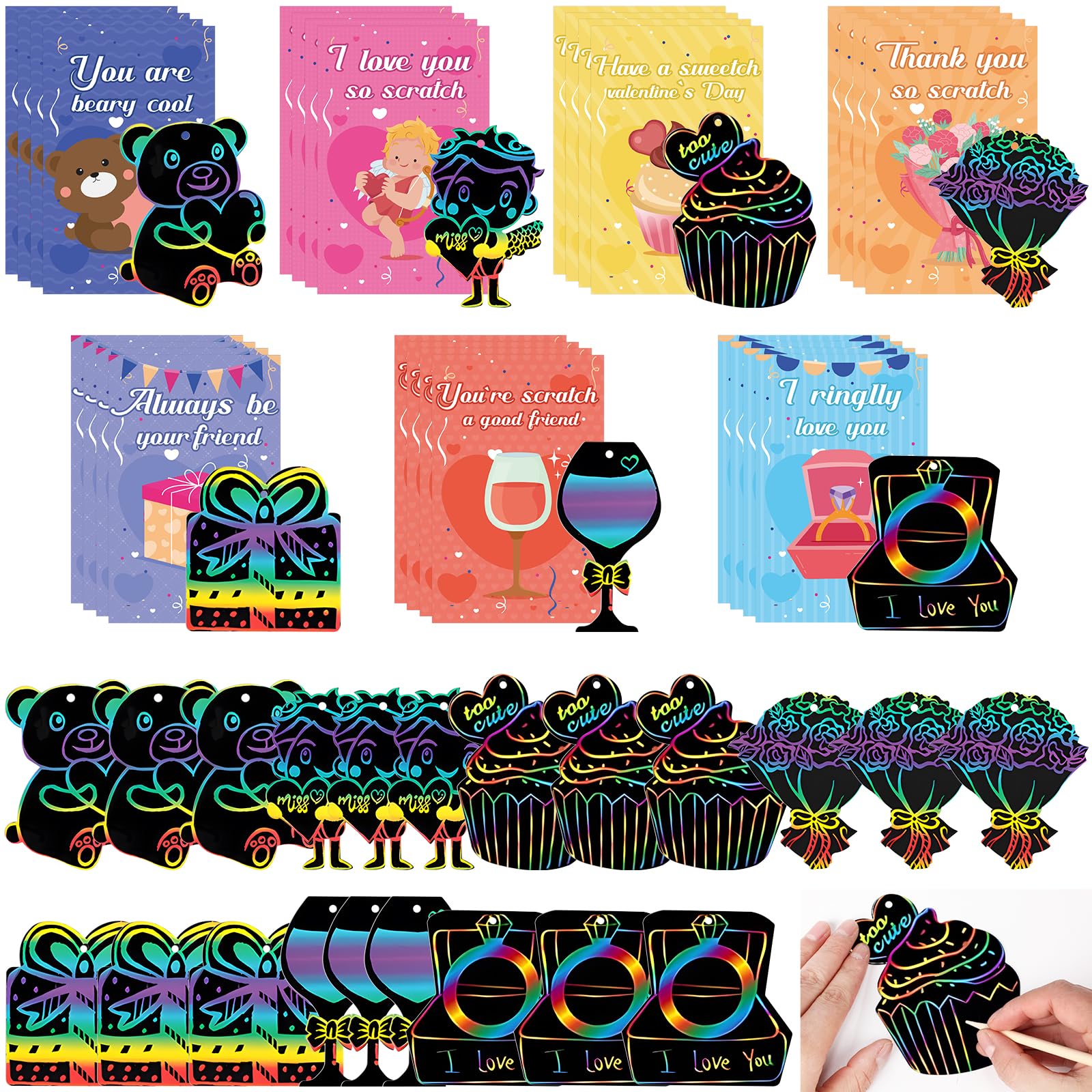 56Pcs Valentine's Day DIY Greeting Cards Kit for Kids - Scratch Paper Cards with Wooden Sticks & Ribbons - Perfect for School Exchange Parties, Classroom Activities & Valentine's Gifts for Boys and Girls
