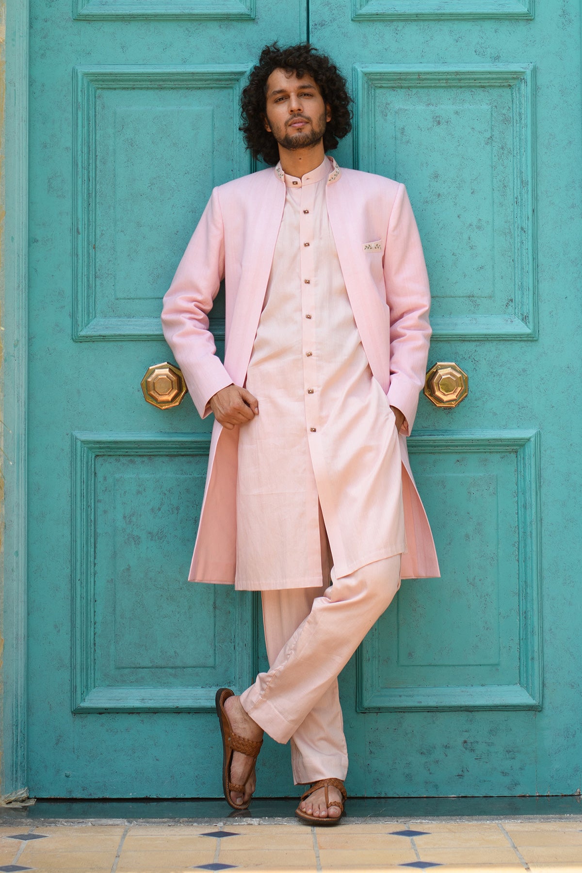 FARROKH Embroidered Organic Cotton Dobby Pink Achkan - Traditional Indian Jacket for Men, Wedding & Festive Occasions, Breathable & Stylish Ethnic Wear