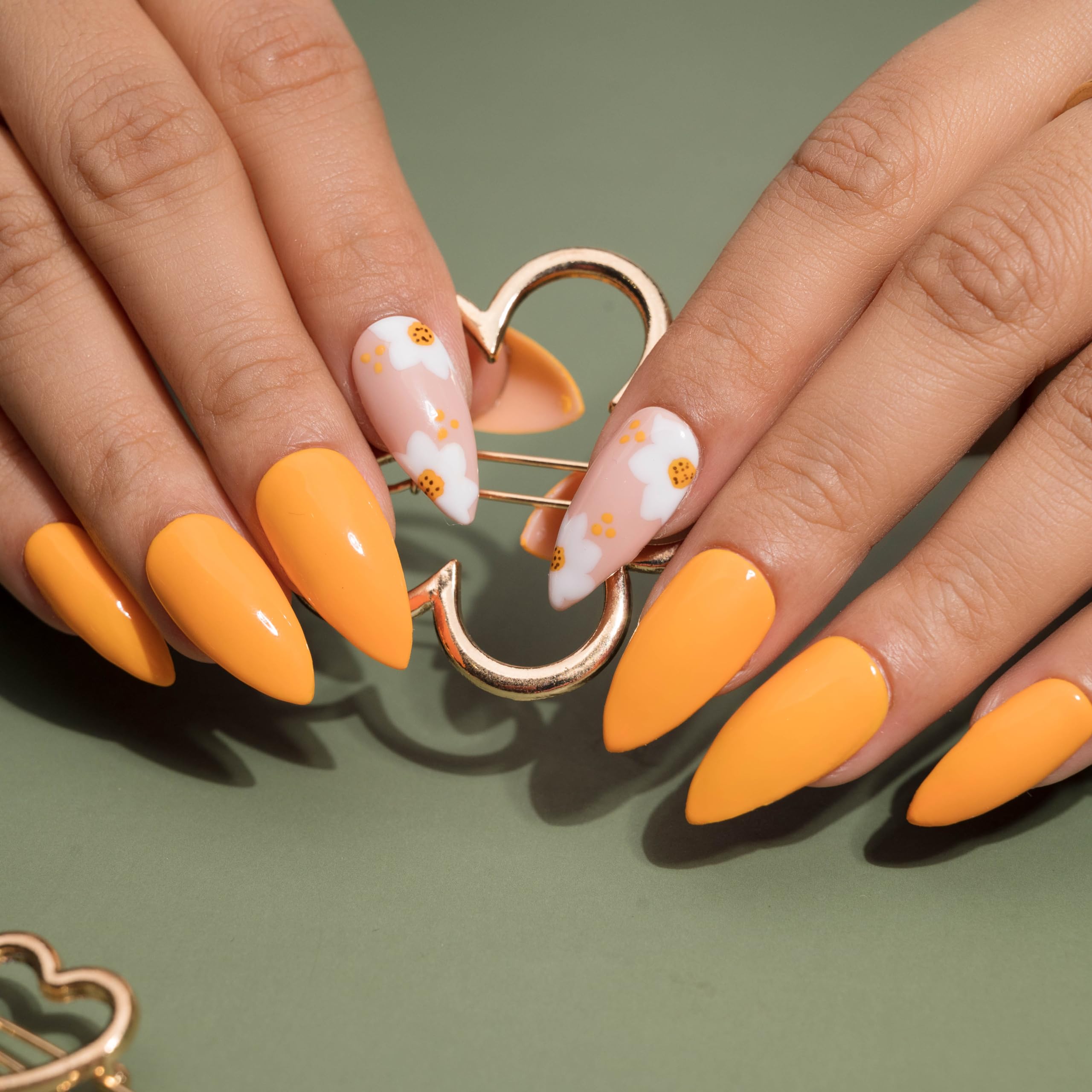 Premium Fake Press-On Nails - Pretty Orange Fall Flower Design, Set of 20 Reusable Full Coverage Nail Tips with UV Gel Polish Coating | Easy to Apply, Affordable & Time-Saving Artificial Nails for Manicures, Parties, Weddings & Daily Wear | Both Hand Nail Extensions