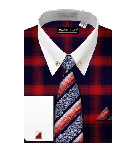 AVANTI UOMO Two-Tone Mixed French Cuff Dress Shirt with Collar Bar - DS3817P2 Red | Formal Wear for Business Meetings & Special Occasions