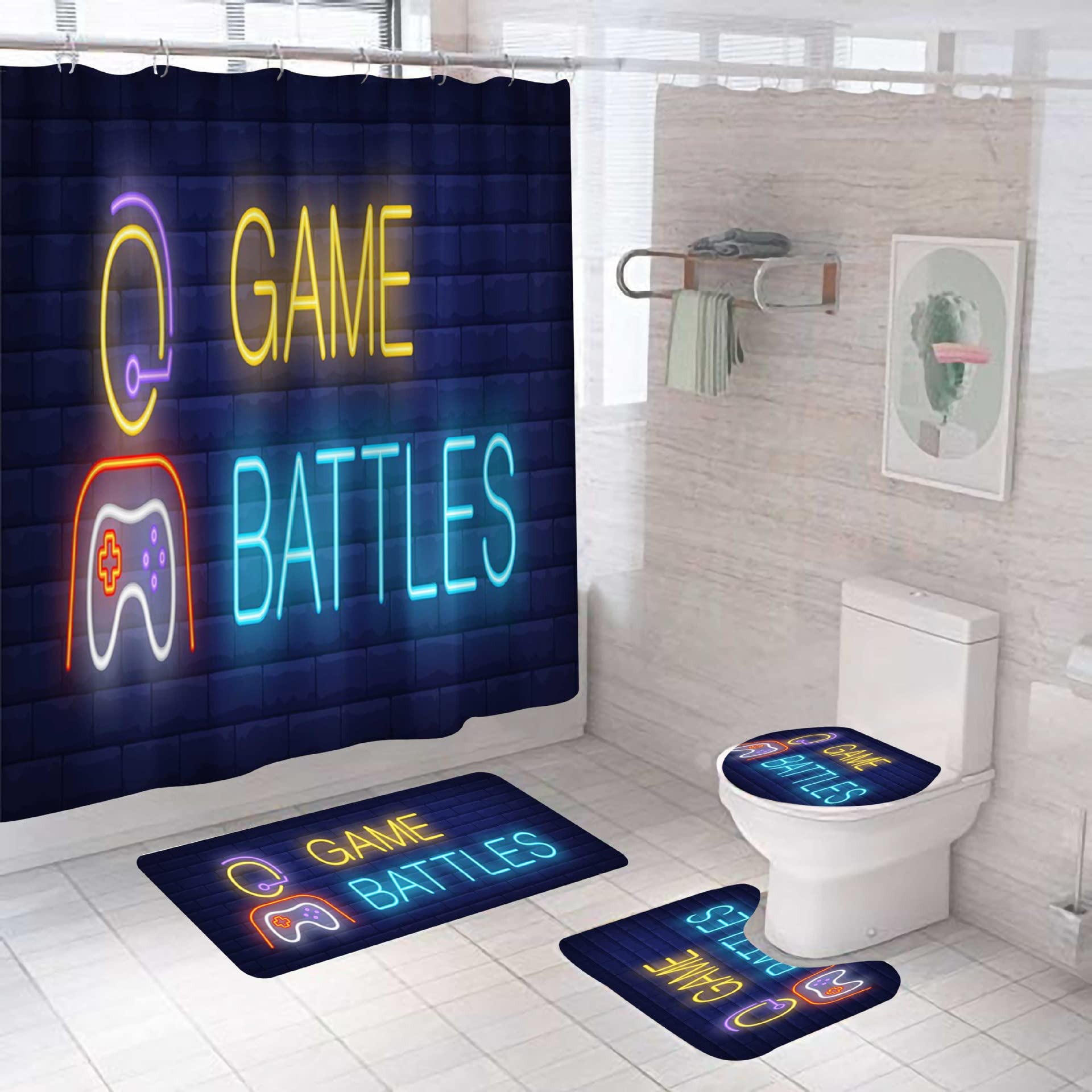 3D Printed Gamepad Shower Curtain Set - Waterproof Bathroom Decor with Non-Slip Floor Mat | Perfect for Gamer Bathrooms & Themed Home Decor