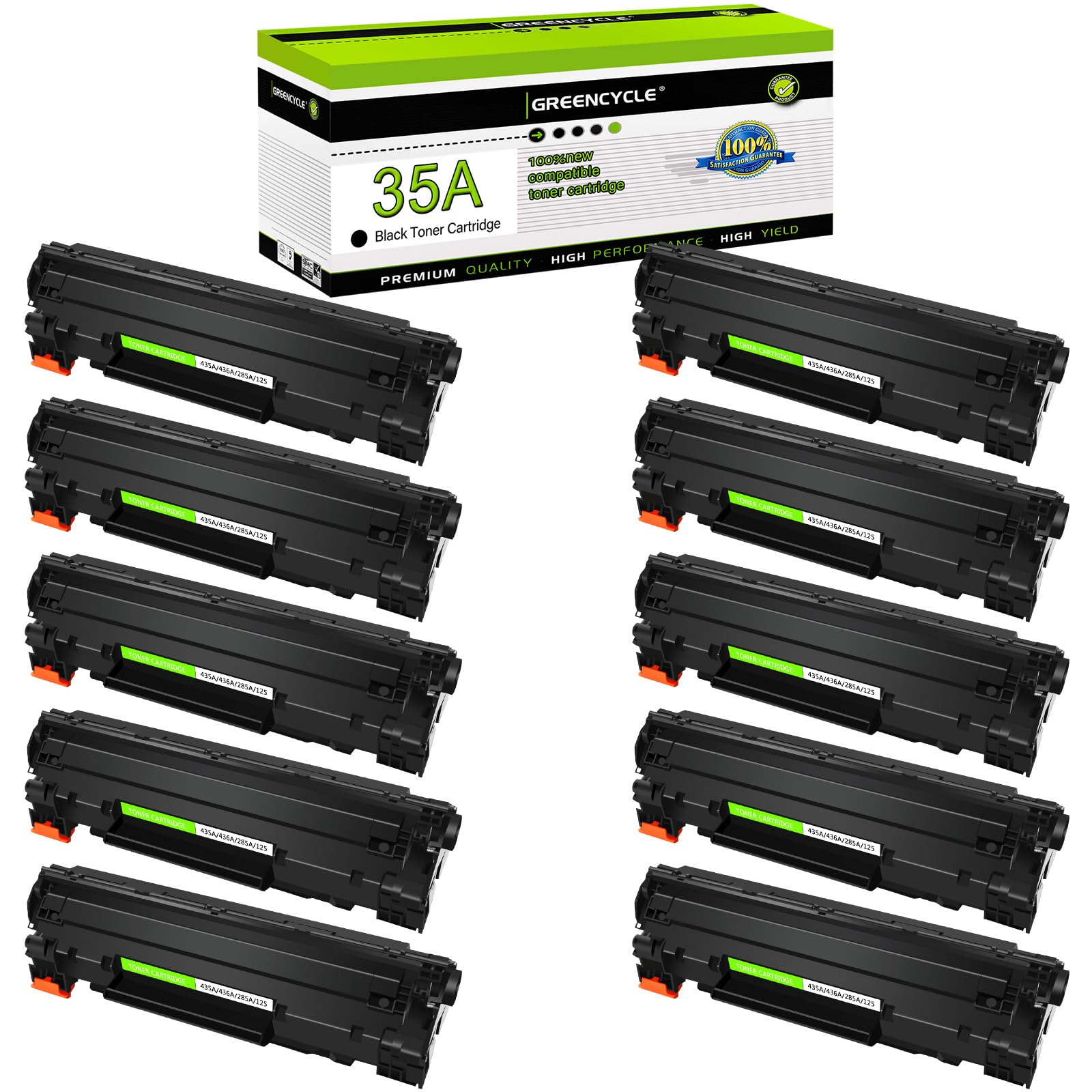 Greencycle 10-Pack Black LaserJet Toner Cartridge - Compatible with HP CB435A for LaserJet P1002, P1003, P1004 Printers - High Yield Replacement for Home & Office Printing