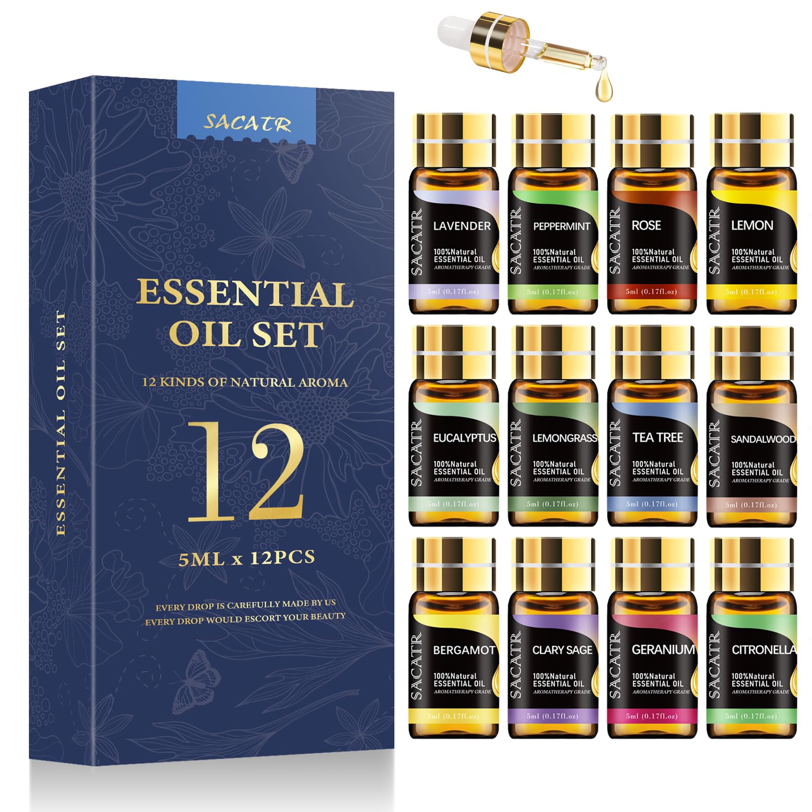SACATR Natural Essential Oils Set - Top 12 Pure Essential Oils for Aromatherapy, Diffuser, Skin Care & Massage (5ml Each) | Perfect for Relaxation, Spa & Home Fragrance