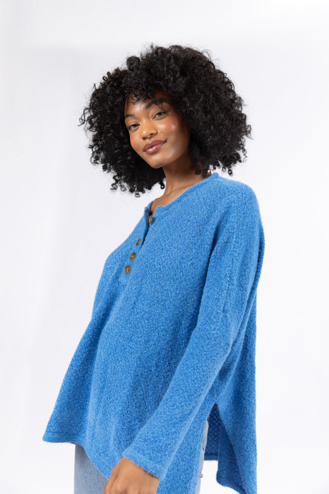 Thinking Of You Blue Fuzzy Henley Blouse for Women | Soft & Cozy Pullover Shirt | Casual Winter Wear | Perfect for Date Nights & Holiday Gatherings | FINAL SALE