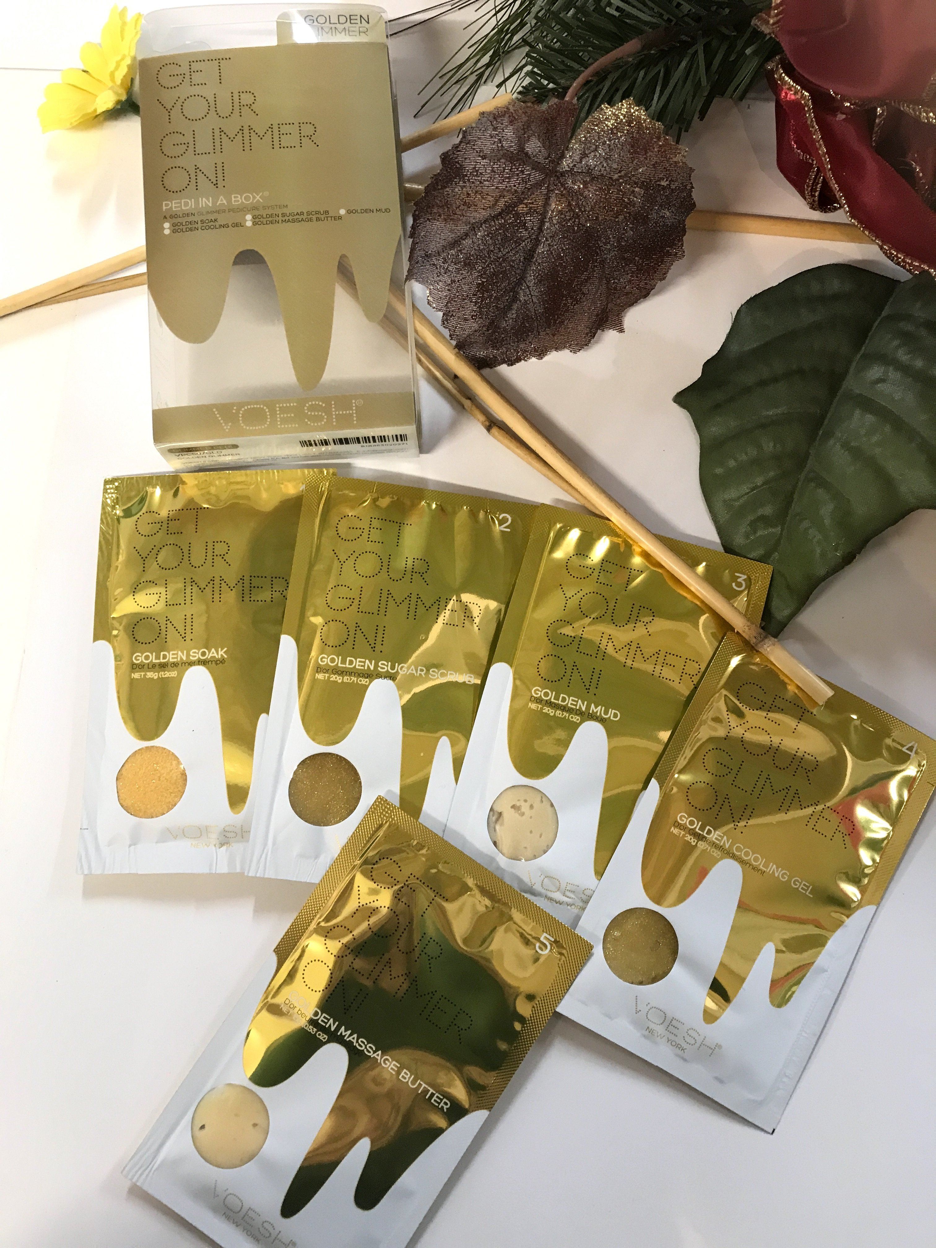 Voesh Spa Pedi in a Box - Golden Vanilla Glimmer Exfoliating Foot Scrub & Moisturizing Treatment Kit | At-Home Pedicure for Soft, Smooth Feet | Perfect for Self-Care, Gifts & Relaxation