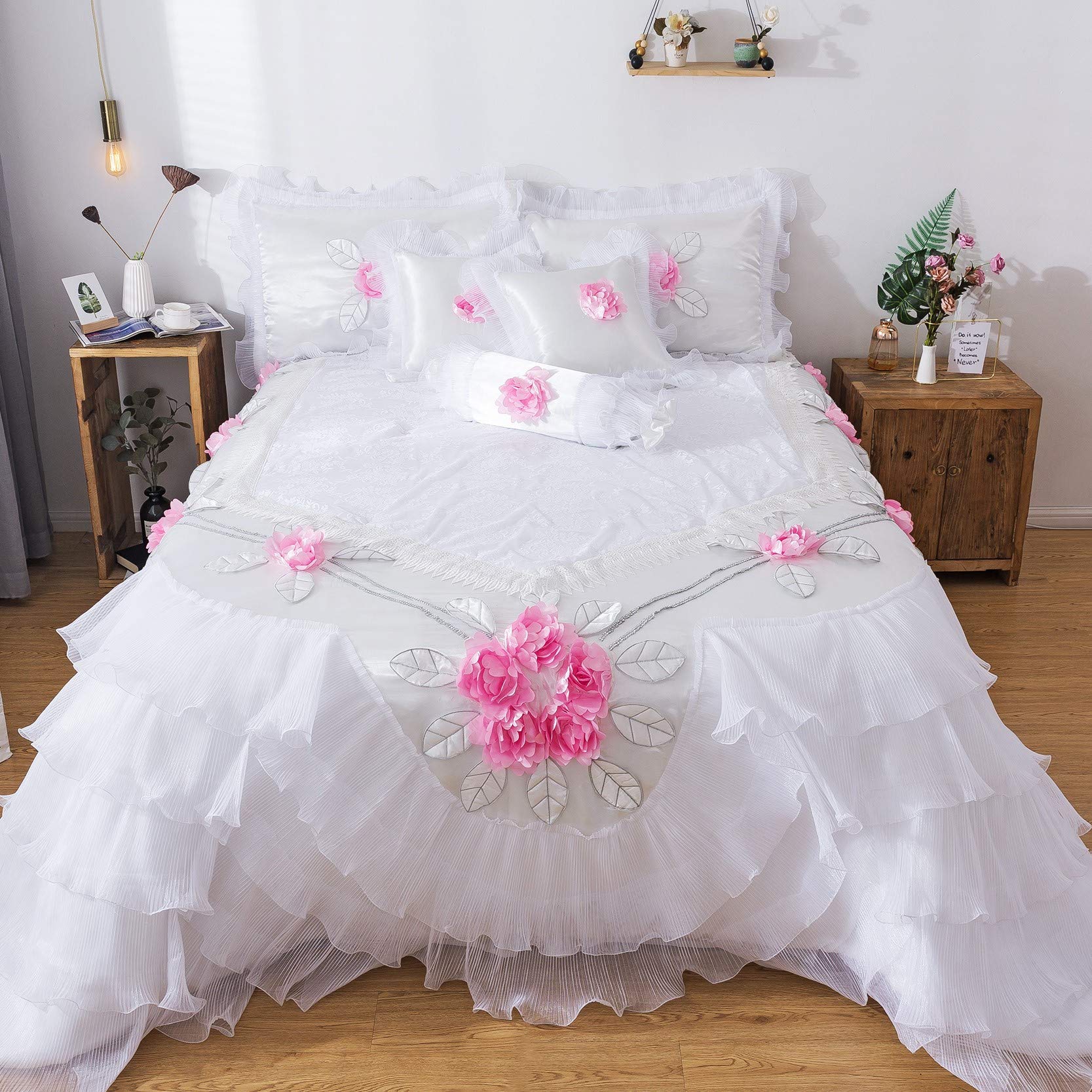 Luxury 6-Piece Floral Comforter Set - White & Pink Delicate Rose Design - California King Size Bedding by Tache Home Fashion | Perfect for Master Bedrooms, Guest Rooms & Luxury Hotels