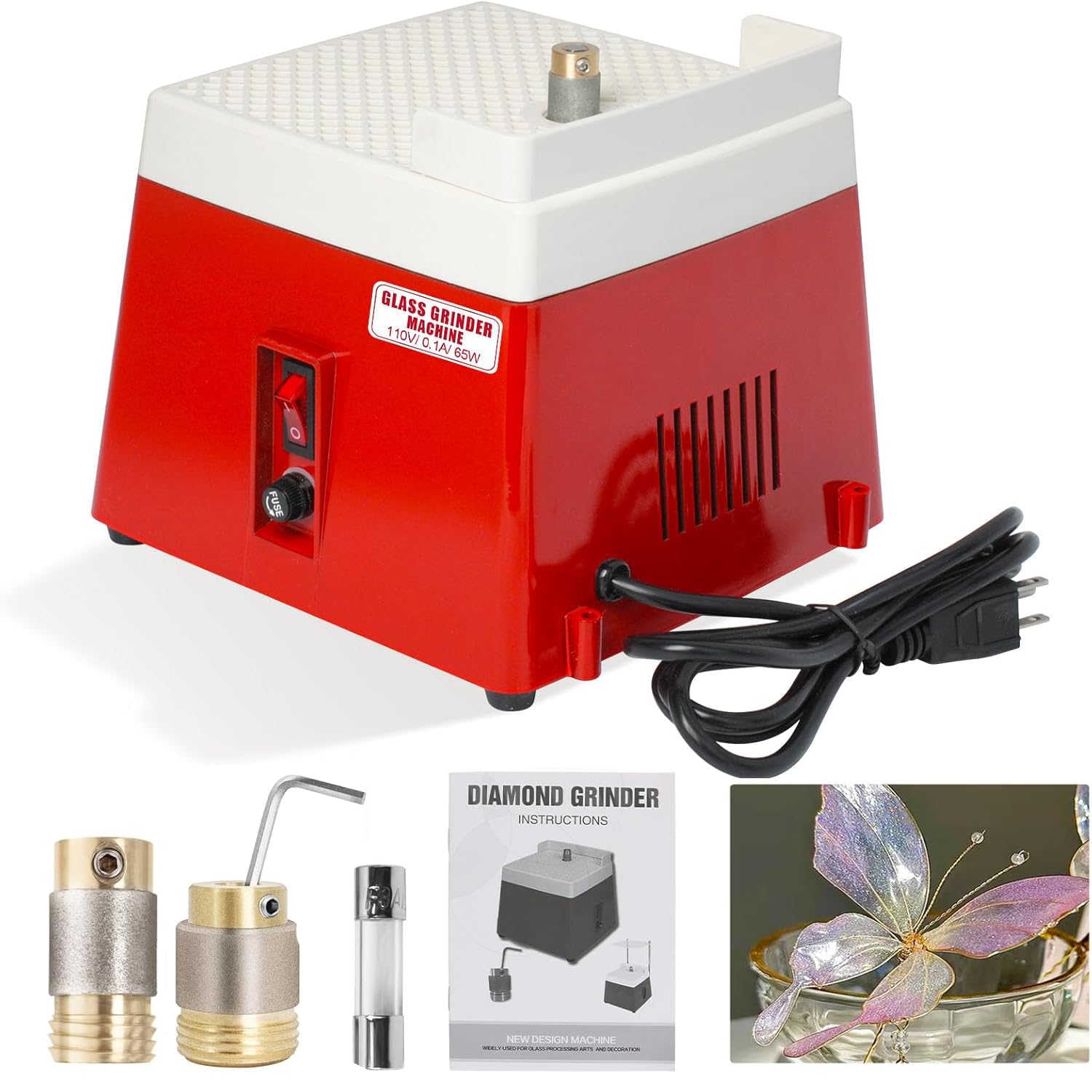 Diamond Grinder Bit for Glass & Ceramics - 110V Mini Power Industrial Grinding Tool with Stainless Steel Head (Red) - Perfect for Stained Glass Art, DIY Crafts & Jewelry Making