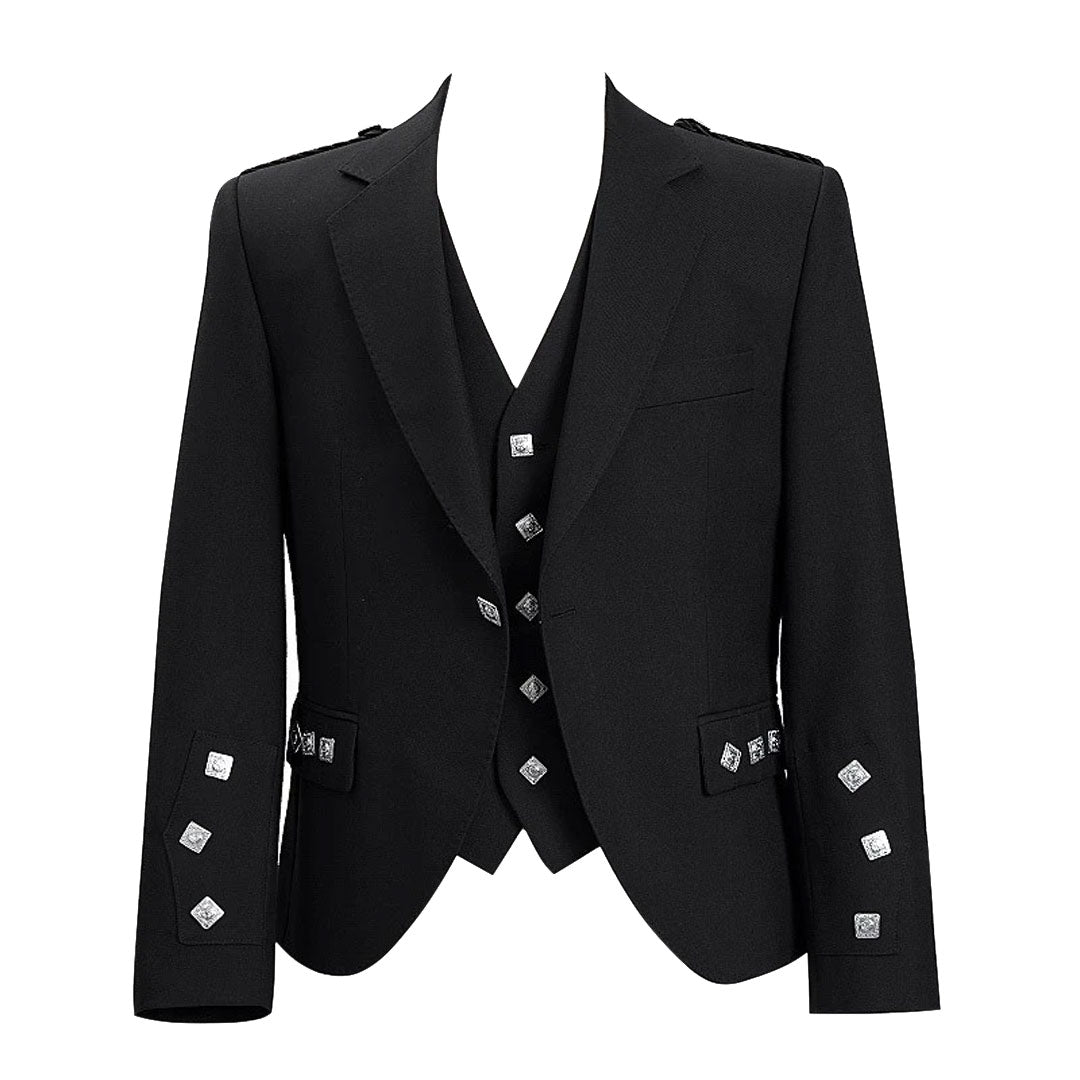 Argyll Jacket Black Barathea Wool Fabric with 5-Button Vest - Prince Charlie Style Cuffs | Formal Scottish Highland Wear for Weddings & Special Events