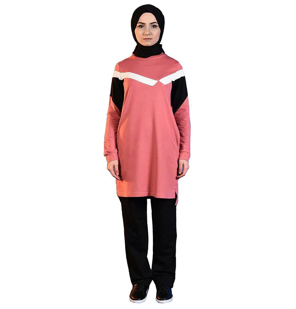 Stylish Abaci Modest Sporty Tunic & Pant Set 8344 in Coral/Black - Perfect for Yoga, Workout & Casual Wear