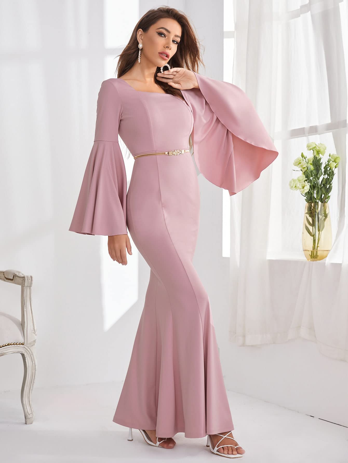FDSUFDY Women's Flounce Sleeve Mermaid Hem Dress - Elegant Beltless Party Dress for Evening, Wedding & Special Occasions (Size S, 2022 Collection)