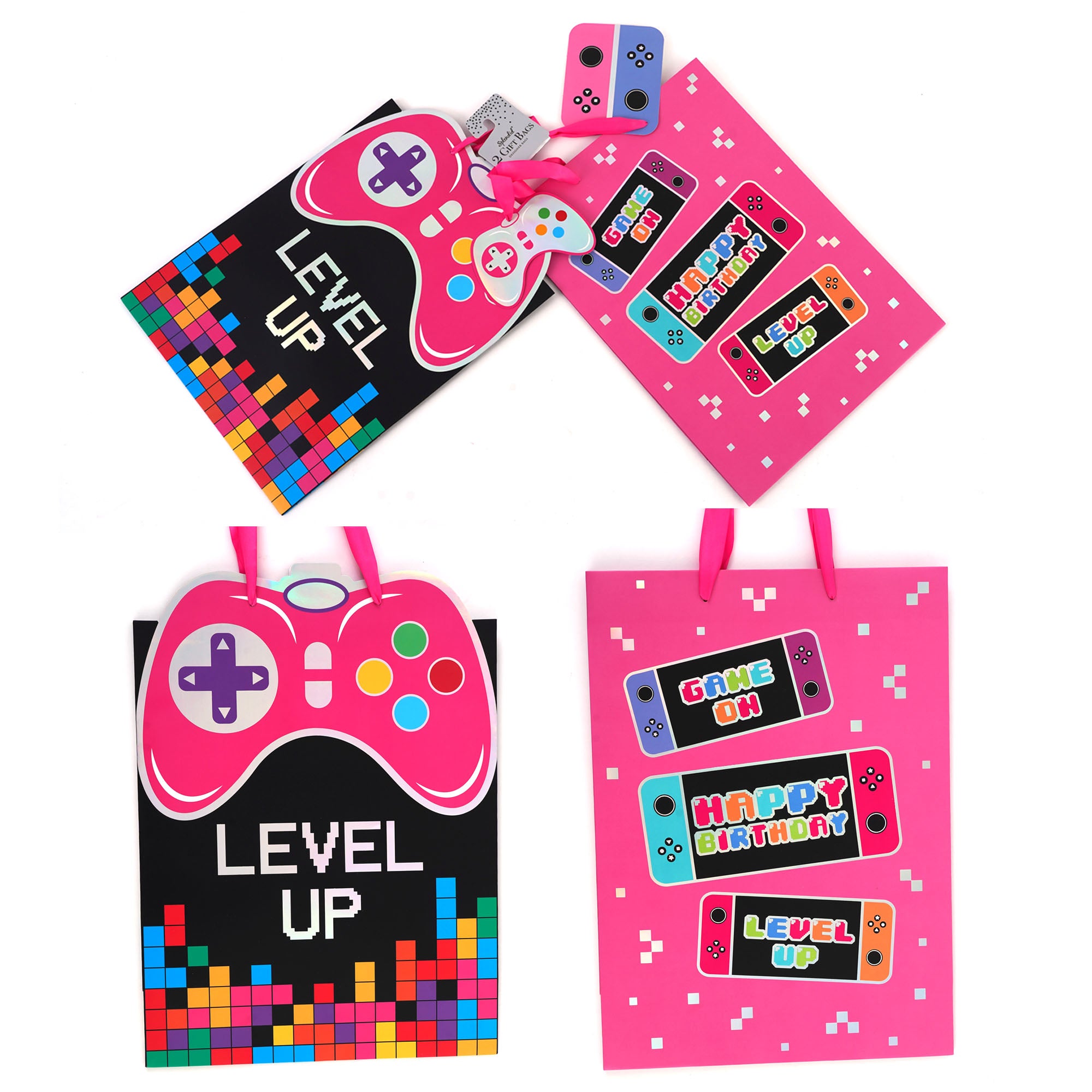 2-Pack Extra Large Holographic Hot Stamp Gift Bags for Gamers - 2 Unique Designs | Perfect for Birthday Presents, Party Favors & Gamer Gifts