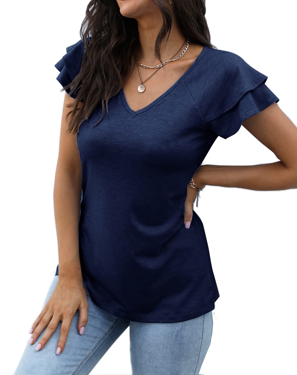 Carpetcom Women's Summer V-Neck Ruffle Short Sleeve Casual Loose T-Shirt Tunic Top - Perfect for Beach, Vacation & Everyday Wear