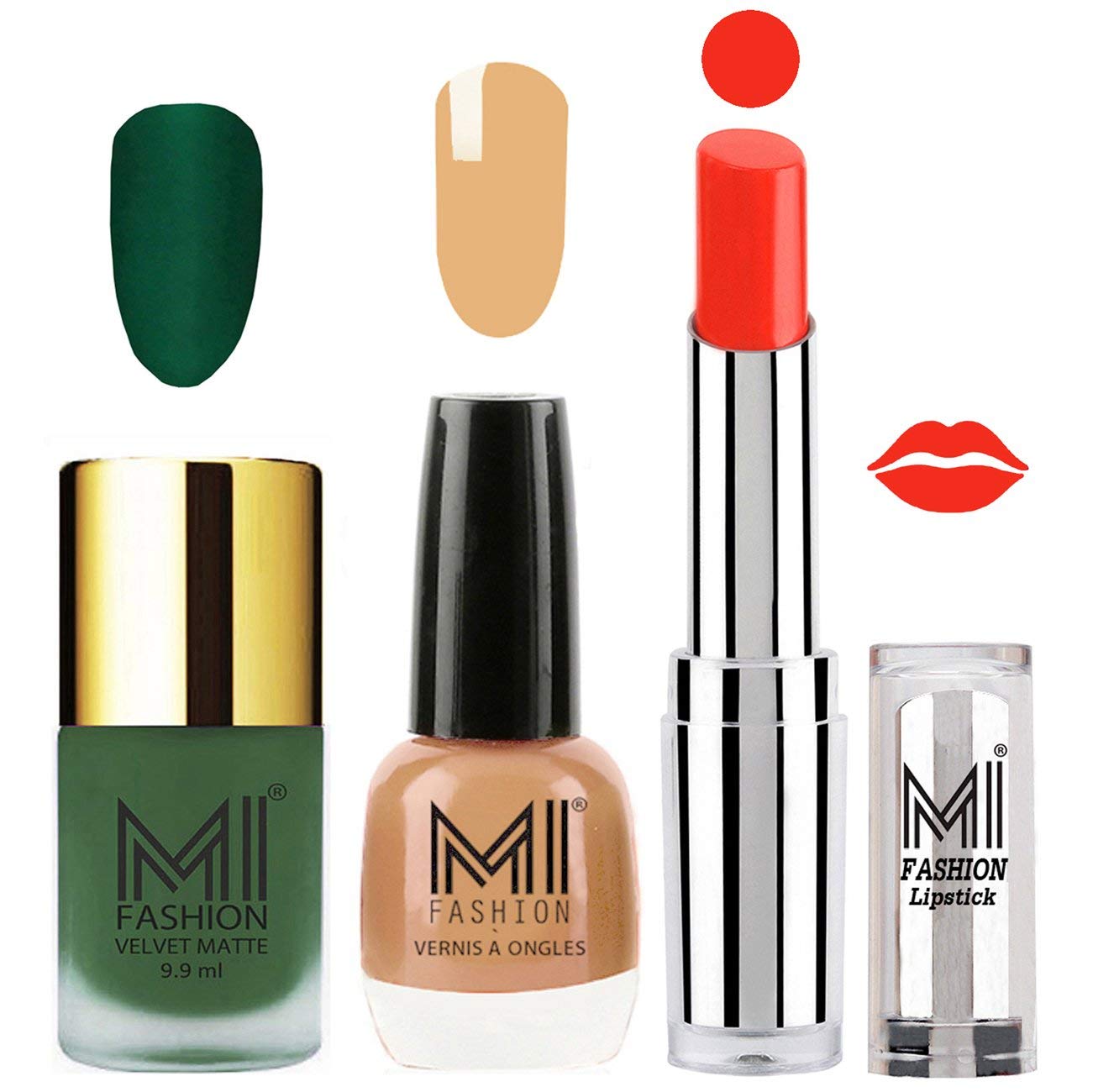 MI Fashion Green Matte Nail Polish & Flirty Nude Shine with Orange Crush Lipstick Set (3-Piece Combo) - Perfect for Parties, Date Nights & Everyday Glam