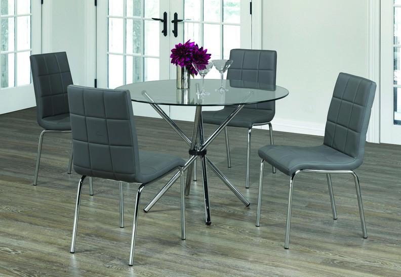 Modern Glass Top Dining Table with Twisting Chrome Legs & Grey Upholstered Square Chairs - Perfect for Small Space Dining Rooms & Contemporary Apartments