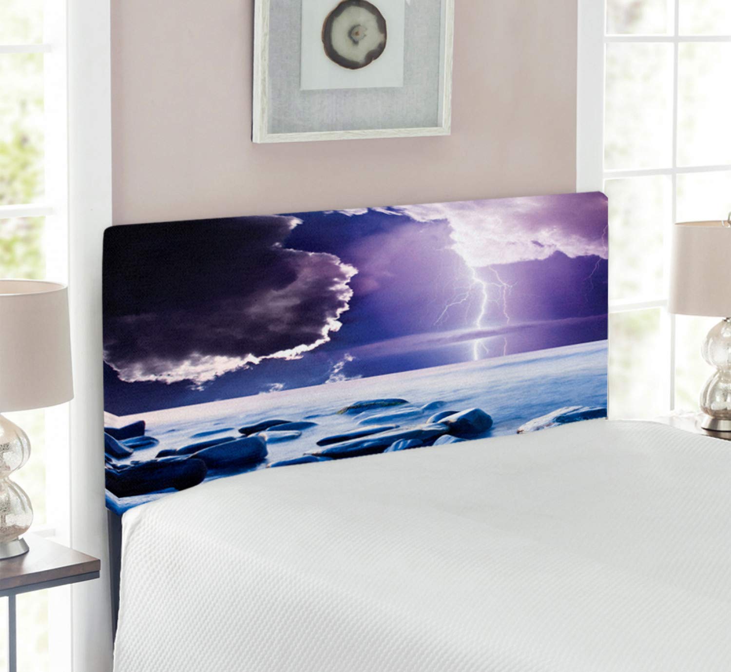 Ambesonne Twin Size Upholstered Headboard - Dark Ominous Rain Clouds with Mystic Sky & Lightning Photo, Decorative Metal Bed Frame with Memory Foam in Blue & Purple | Perfect for Gothic & Modern Bedroom Decor