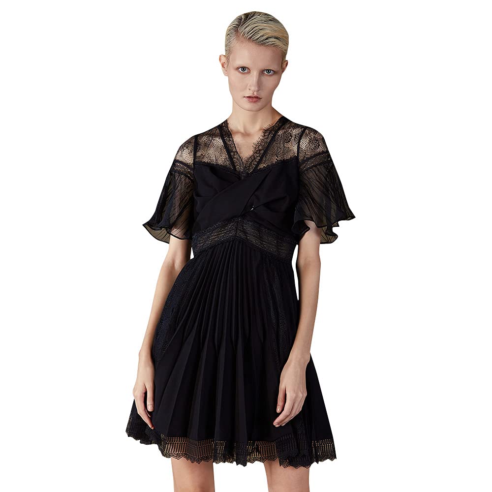 Donoratico Women's V-Neck Lace Chiffon Pleated Mini Dress - Elegant Waist Stitching for Cocktail Parties & Summer Weddings