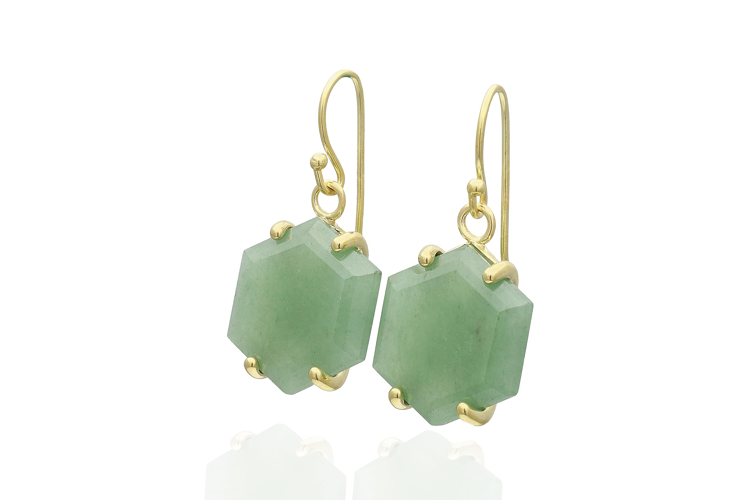 14K Gold Green Aventurine Hexagon Dangle Earrings for Women - Elegant Statement Jewelry for Party & Office