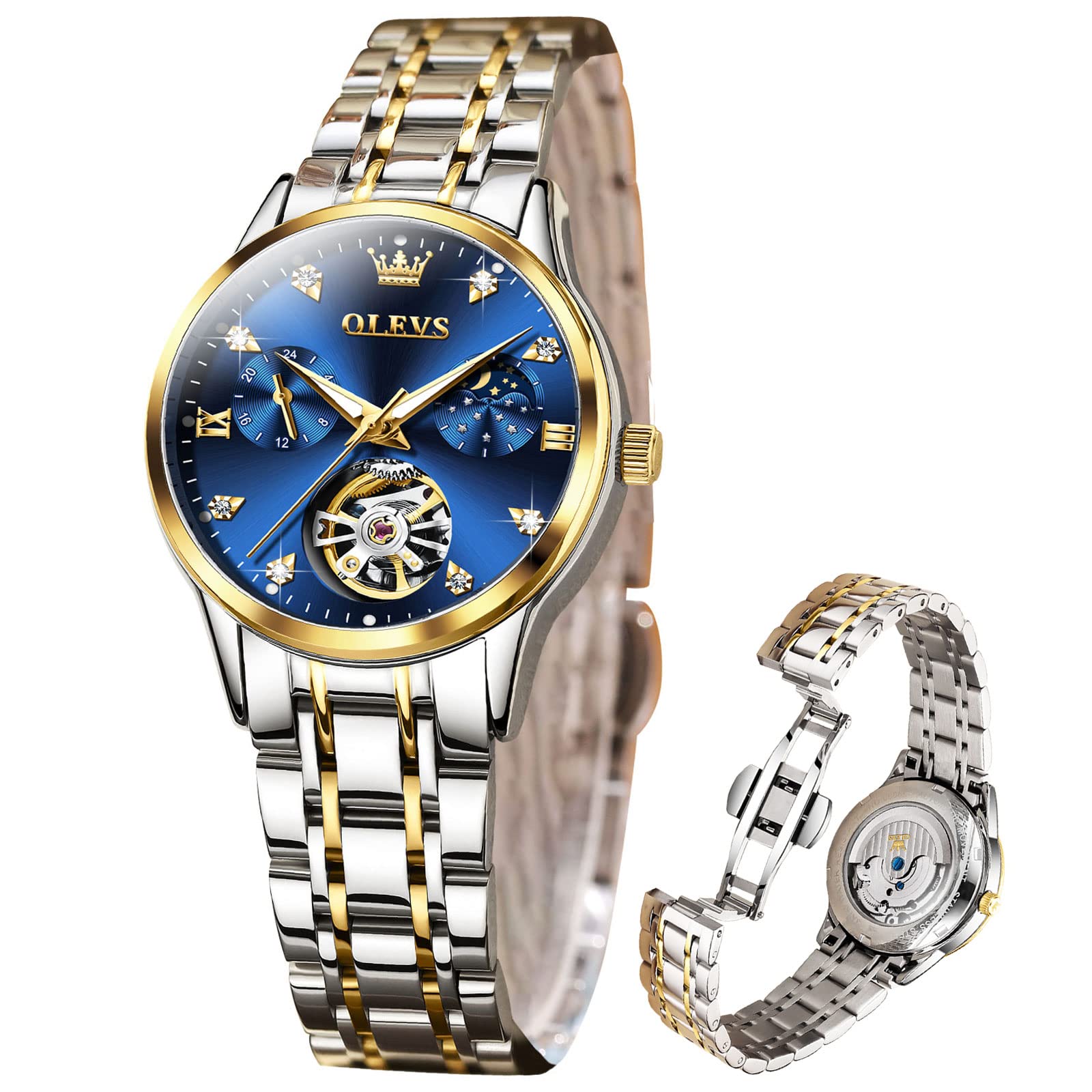 OLEVS Automatic Self-Winding Skeleton Moon Phase Women's Watch - Stainless Steel Waterproof Ladies Watch with Two-Tone Design | Perfect for Business, Evening Events & Gift Giving