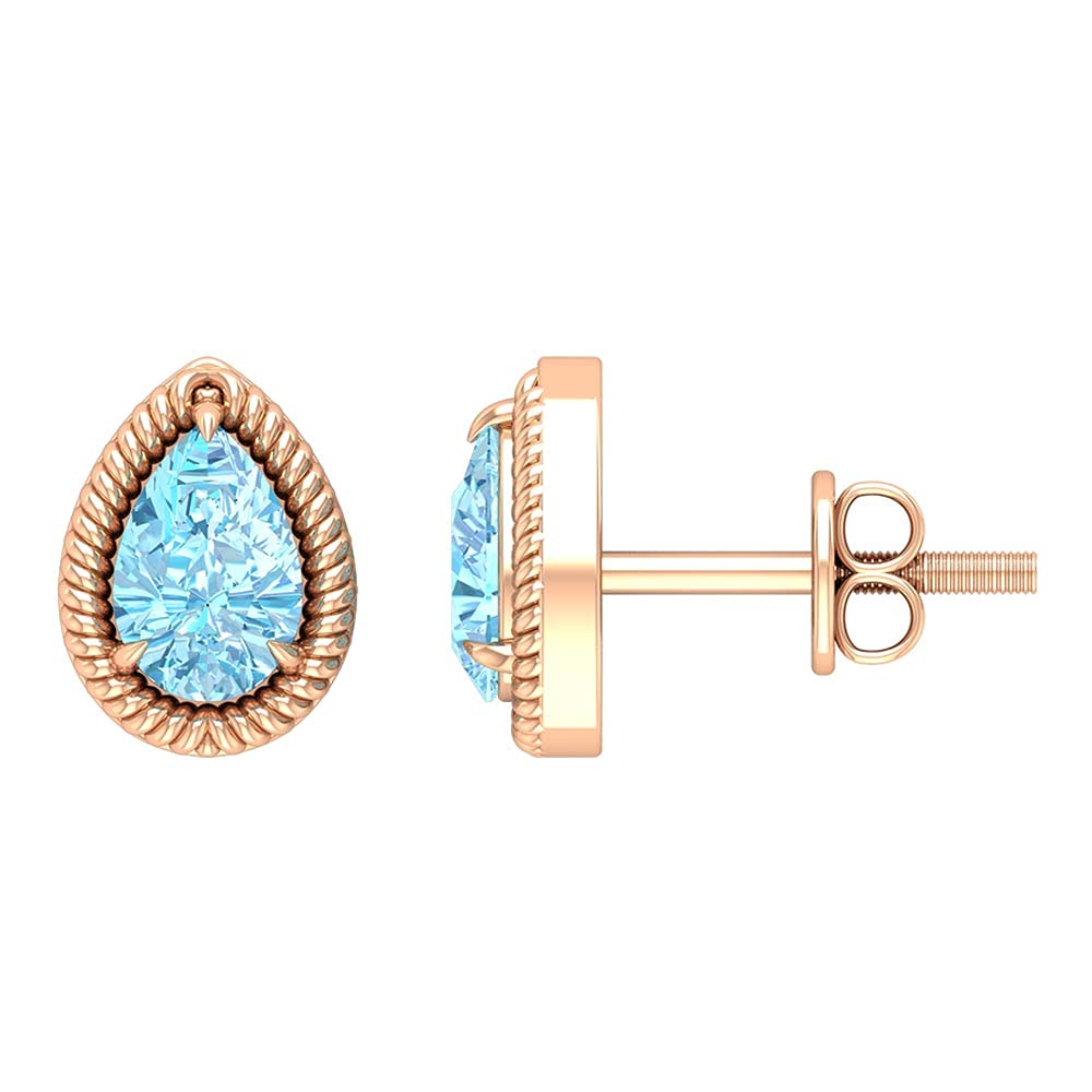 14K Solid Gold Aquamarine Stud Earrings for Women – 4x6mm Pear Cut Solitaire with Rope Frame – Elegant Jewelry for Weddings, Parties & Everyday Wear