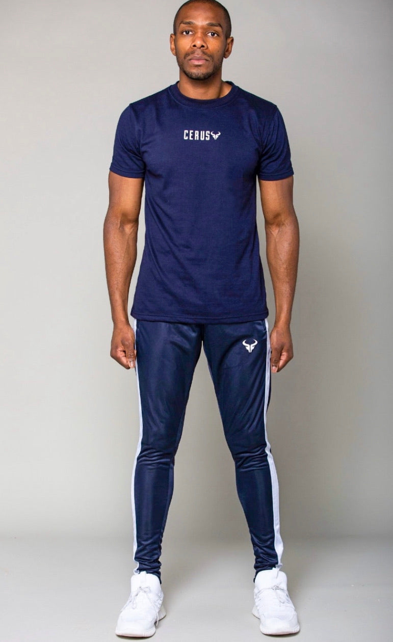 Cerus Navy Muscle Fit T-Shirt for Men - Slim Fit Cotton Tee with White Small Print Logo - Gym, Workout, Casual Wear