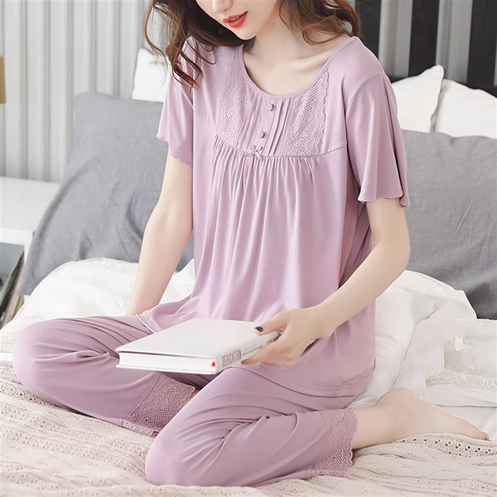 Women's Summer Modal Pajama Set - Soft Short-Sleeve Lounge Wear for Middle-Aged & Plus Size - XL Purple (Perfect for Home Relaxation & Comfortable Sleep)