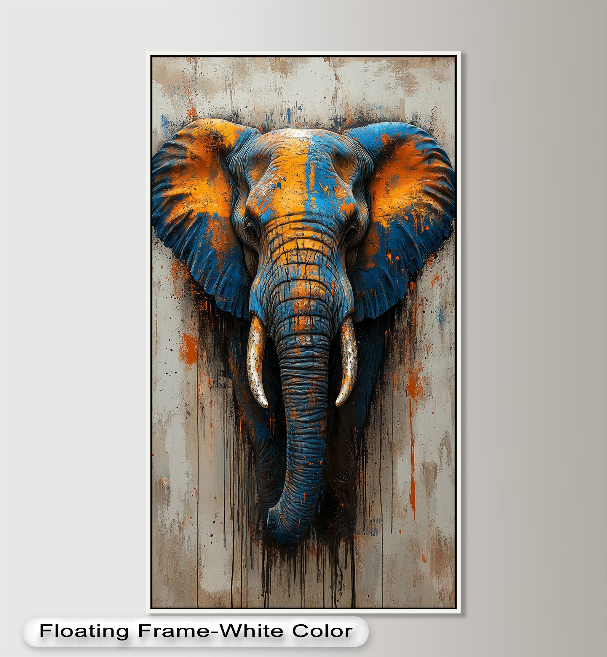 Blue and Orange Elephant Portrait - Handmade Animal Oil Painting for Home Decor, Living Room Wall Art, Gift for Animal Lovers