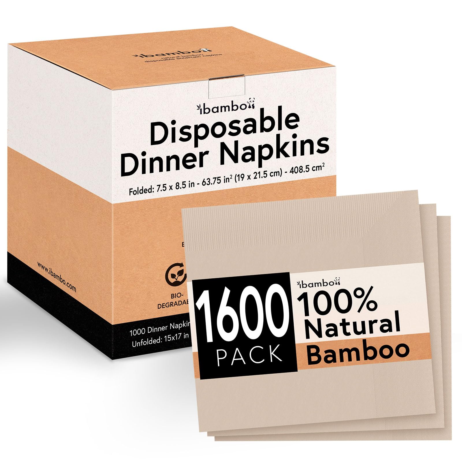1600 Pack 100% Bamboo Dinner Napkins - 3-Ply FSC Certified Disposable Napkins | 7.5x8.5 Inch Folded Eco-Friendly Napkins for Parties, Weddings & Special Events | Biodegradable & Compostable for Sustainable Dining | Bulk Restaurant & Home Entertaining Supplies