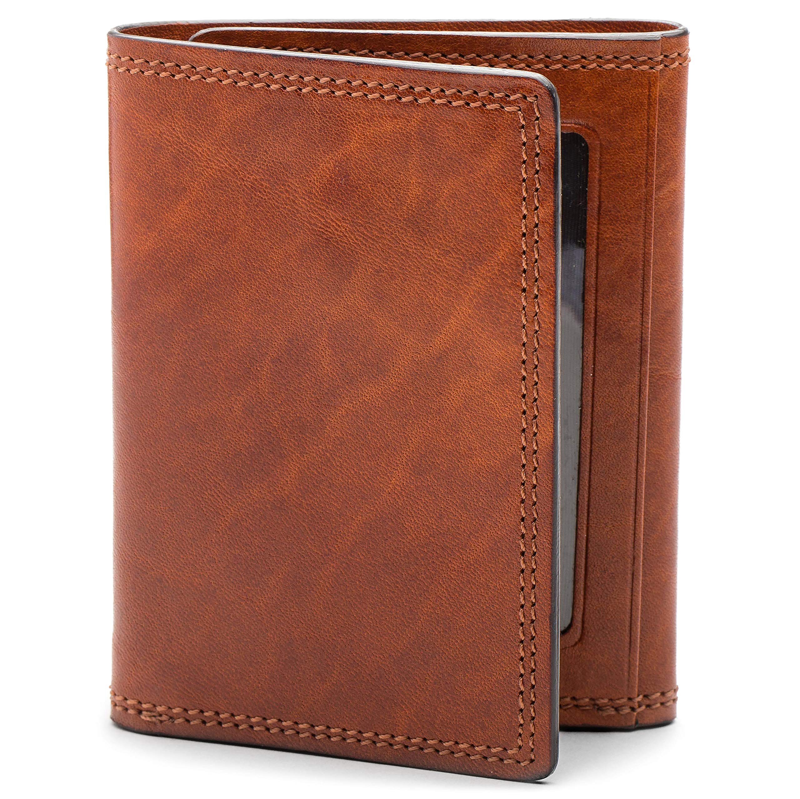 Bosca Men's Genuine Leather Tri-Fold Wallet with RFID Blocking - Slim Double ID Holder for Credit Cards & Cash - Perfect for Travel, Business & Everyday Use (Amber)