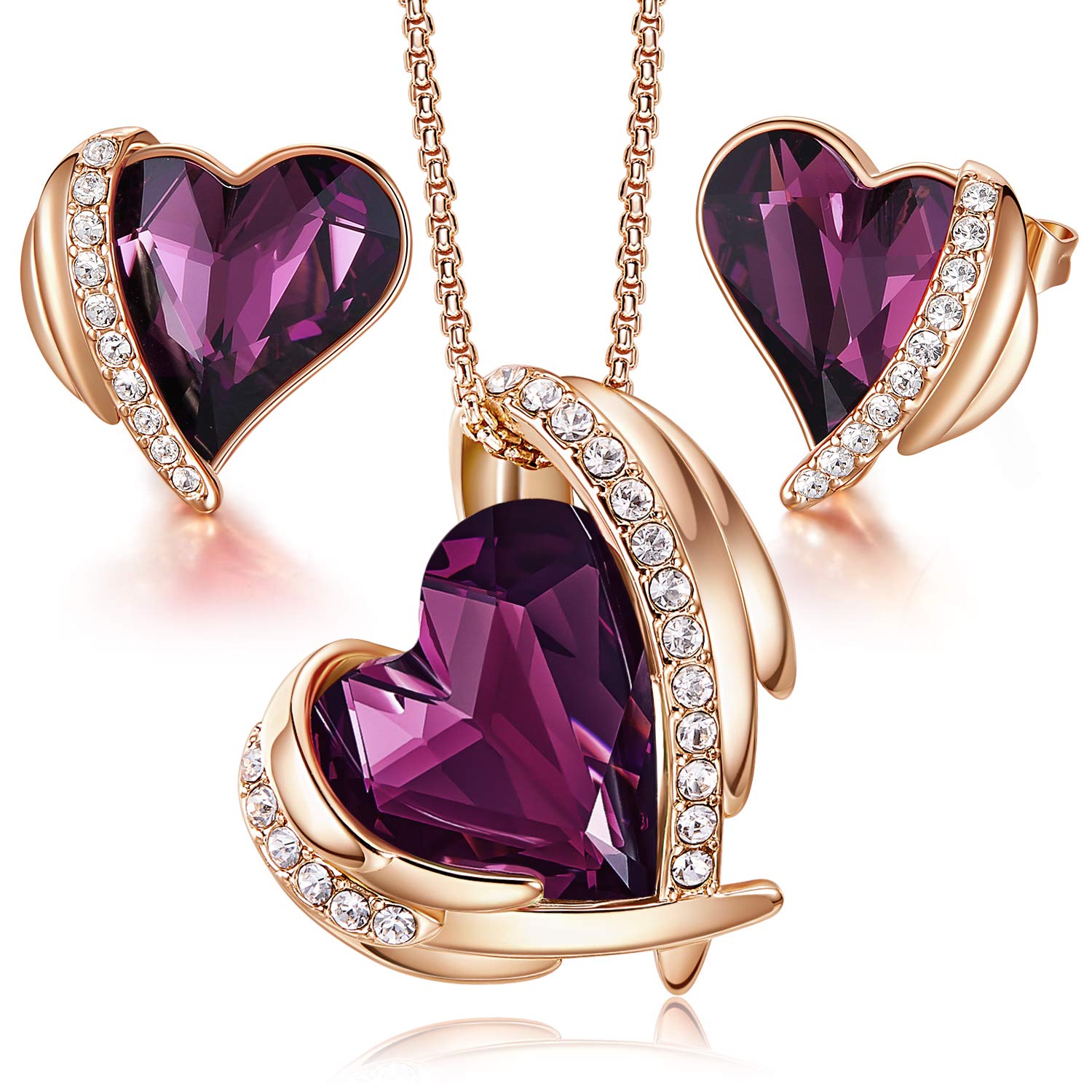 Rose Gold Crystal Heart Necklace & Earrings Set for Women - Birthstone Jewelry Gift for Wife, Mom, Girlfriend - Valentine's Day, Mother's Day, Christmas, Anniversary, Birthday Present - Perfect for Date Night, Party, Wedding, Special Occasions