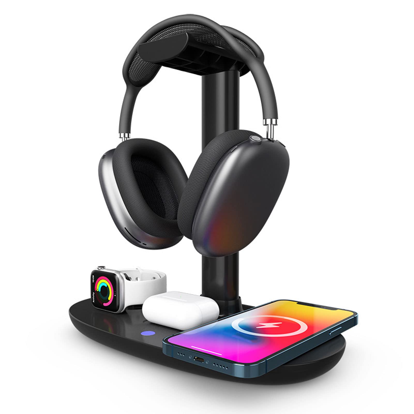 PUSOKEI 4-in-1 Wireless Charging Station with 15W QI Fast Charger, Gaming Headset Holder & Headphone Stand - Perfect for Desk Organization, PC Gaming Setup and Office Accessories (Black)